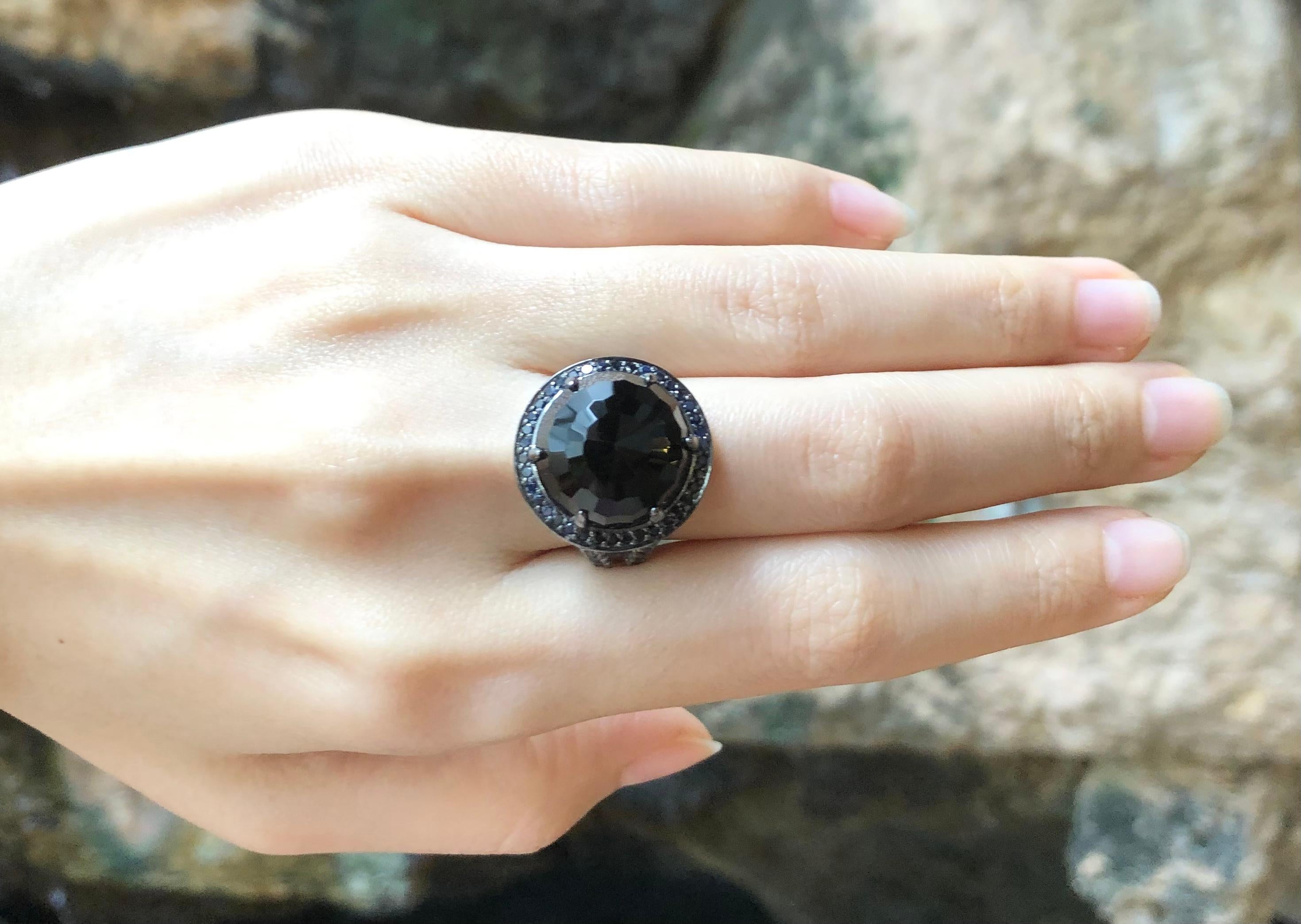 Cabochon Black Agate with Black Sapphire Ring Set in 18 Karat White Gold Settings For Sale