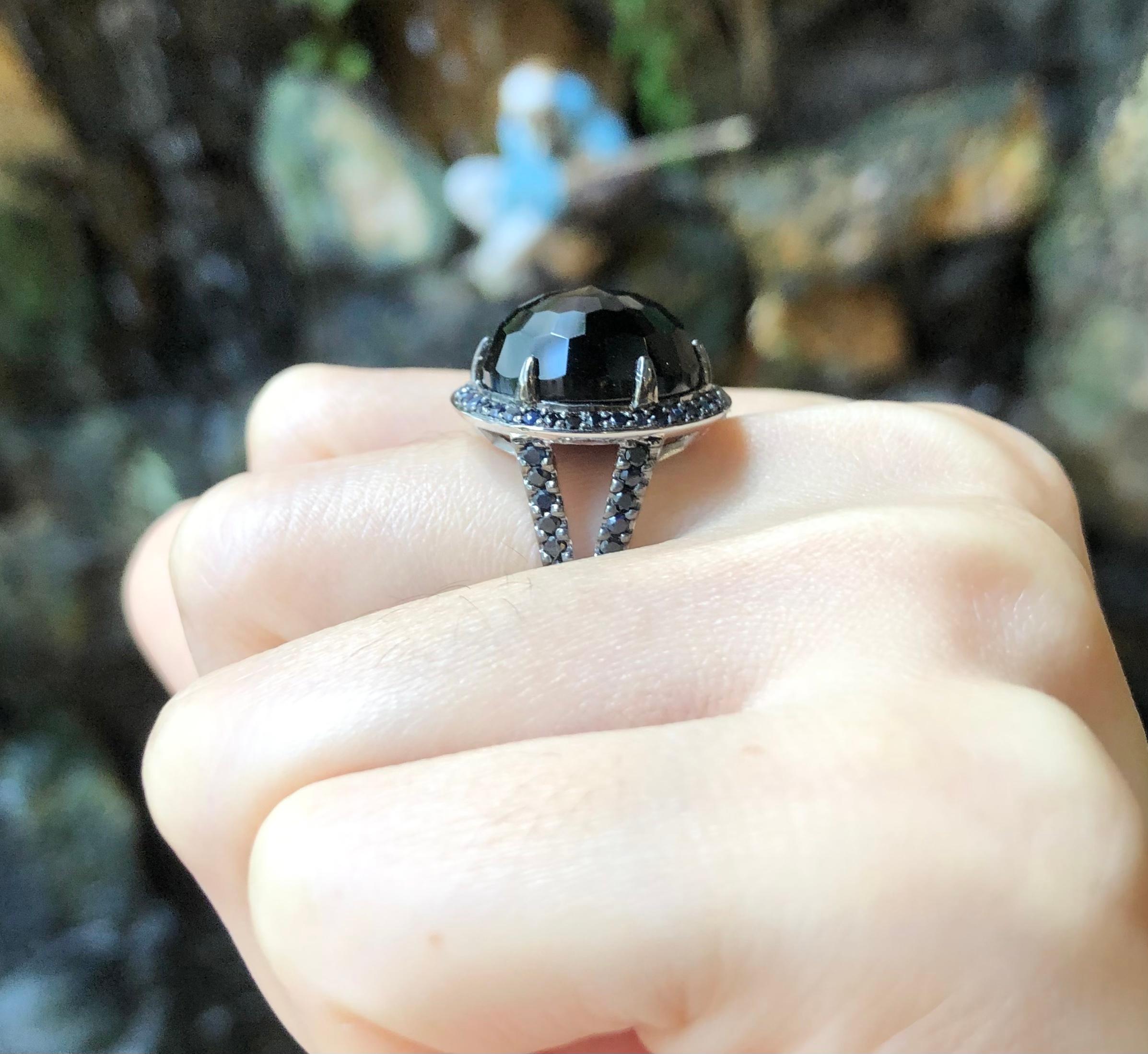 Women's Black Agate with Black Sapphire Ring Set in 18 Karat White Gold Settings For Sale