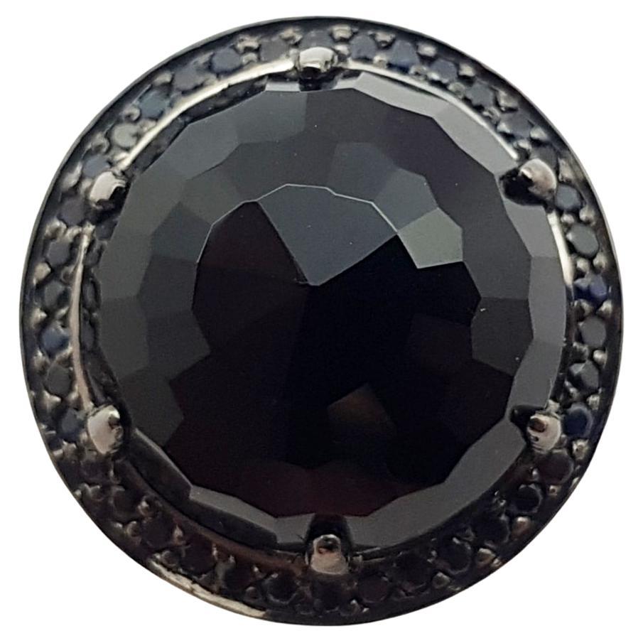 Black Agate with Black Sapphire Ring Set in 18 Karat White Gold Settings For Sale