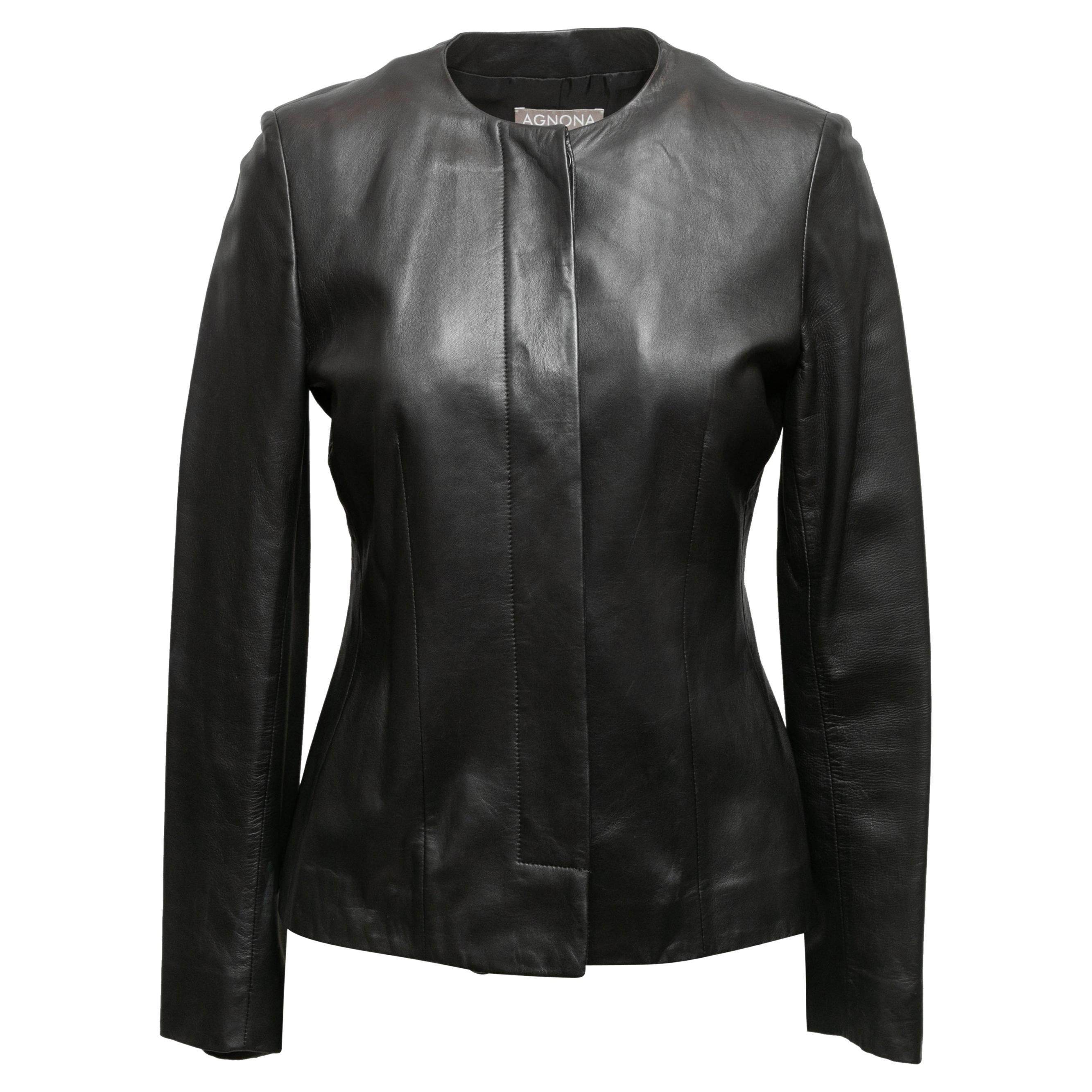 Black Agnona Leather Jacket Size IT 42 For Sale