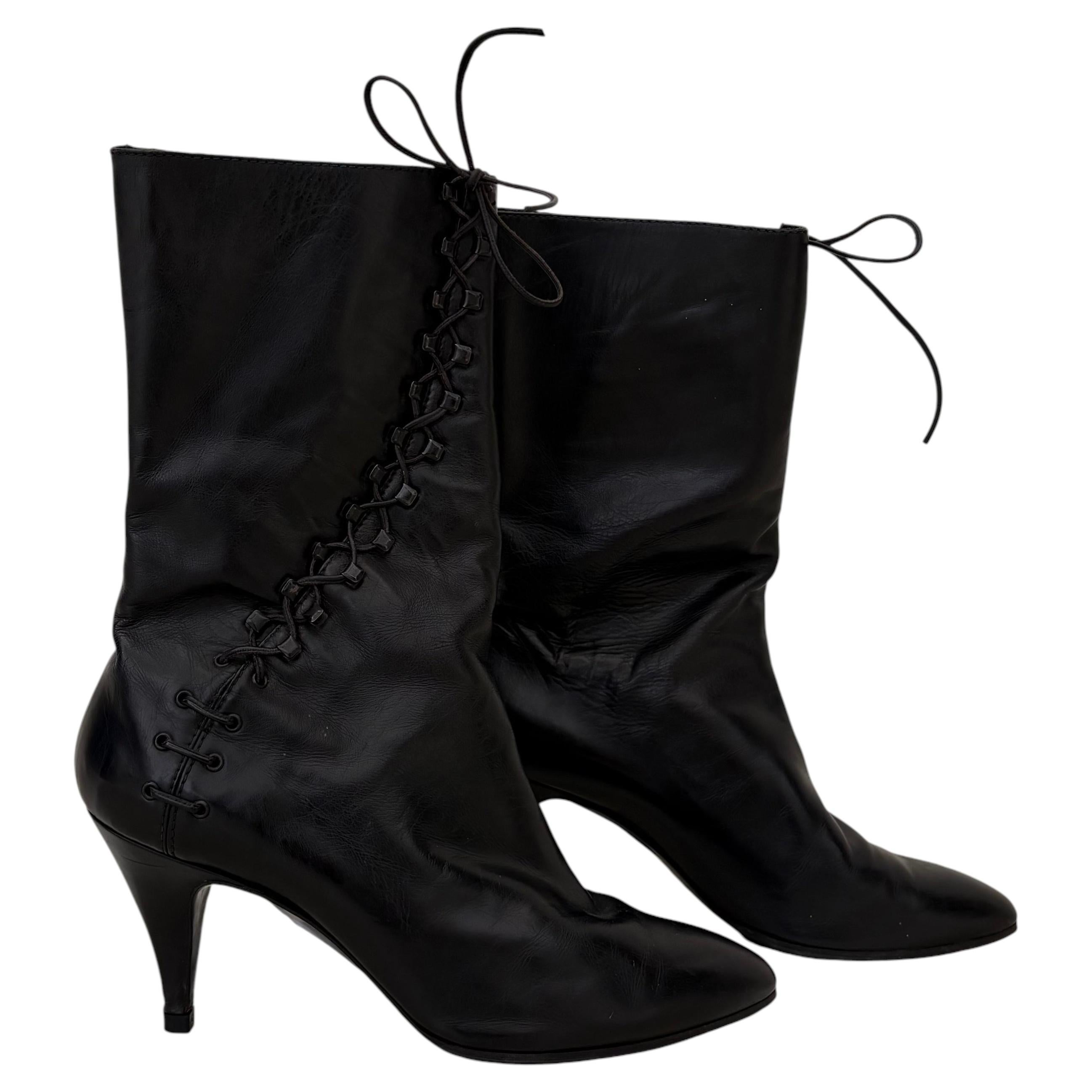 Pre-owned Alaïa Black Heeled Leather Boots With Lace Tie Up 1986 Runway Piece