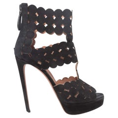 Black Alaia Suede Laser cut Platform Heeled Sandals Size 37.5