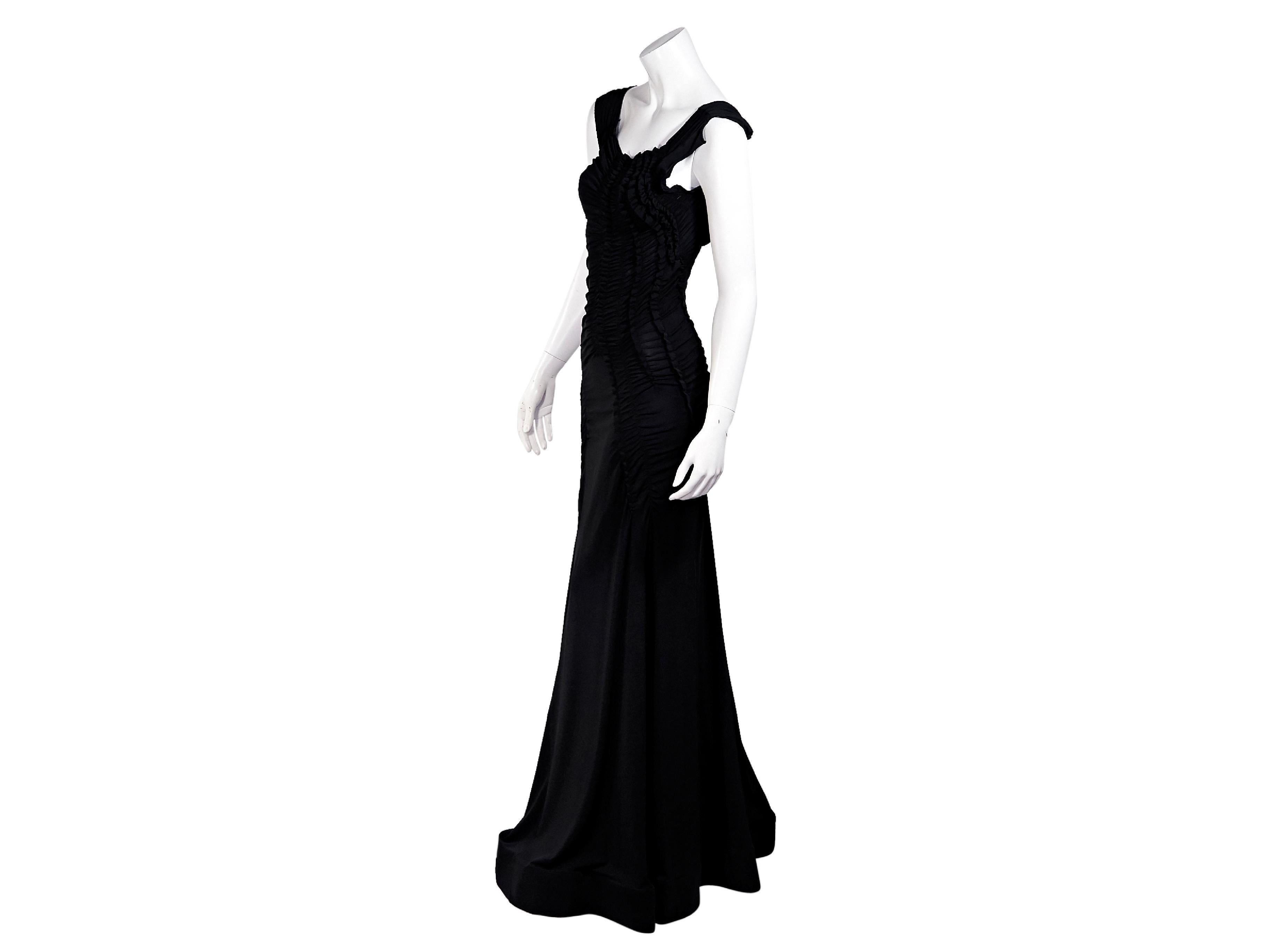 Product details:  Black ruched stretch-knit gown by Alberta Ferretti.  Scoopneck.  Sleeveless.  Deep v-back.  Pullover style.  Label size IT 42.  34