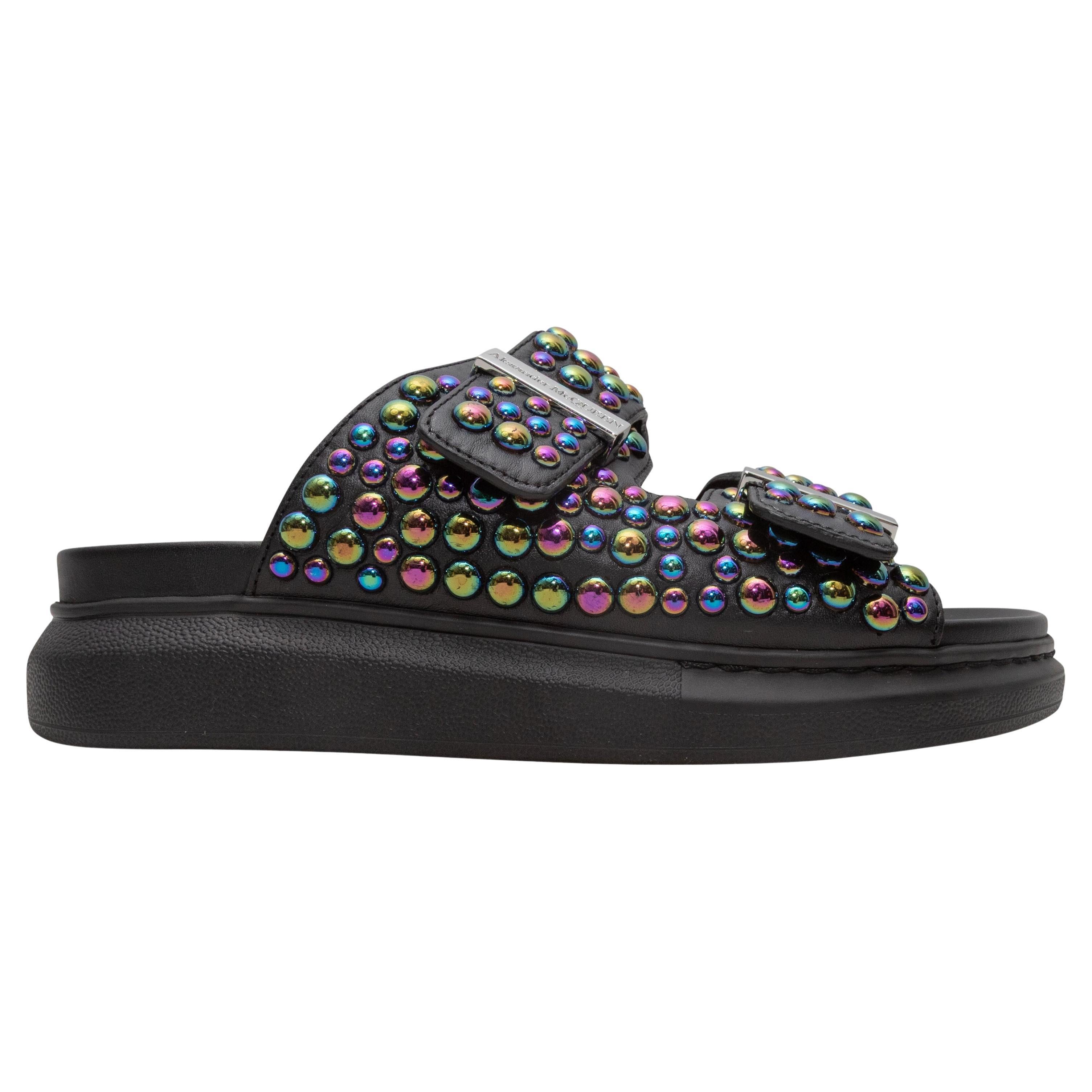 Black Alexander McQueen Iridescent Studded Slide Sandals Size 37 For Sale