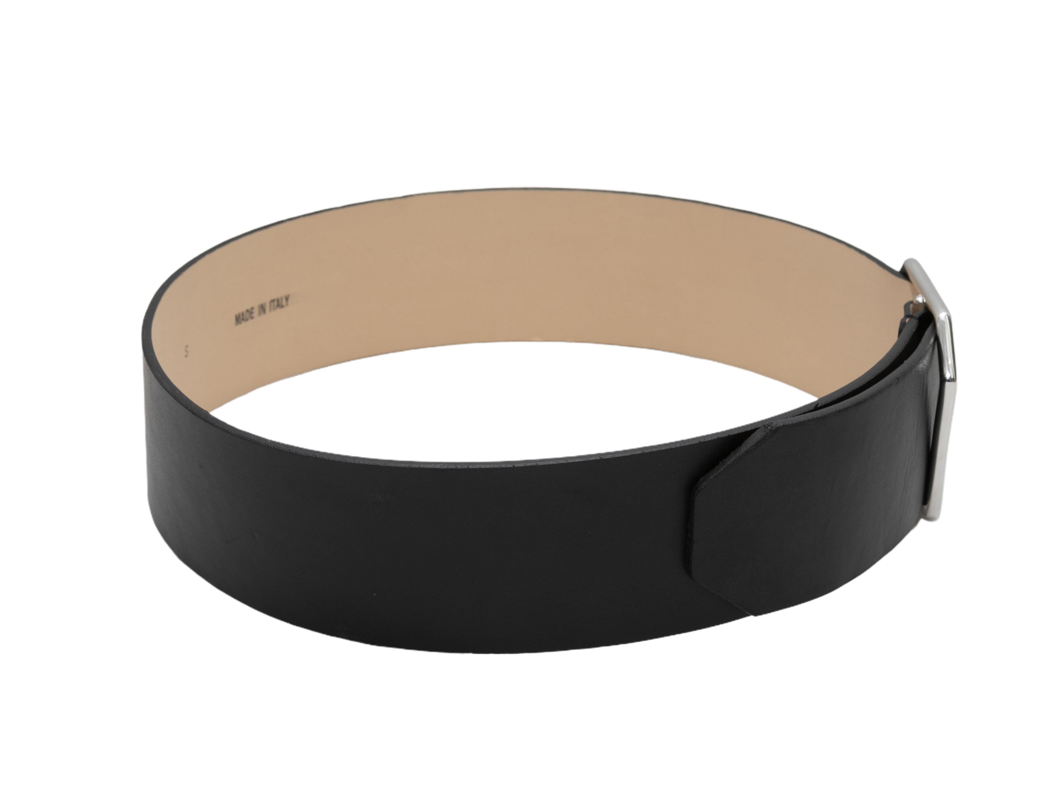 Black wide leather belt by Alexander McQueen. Silver-tone hardware closure. 2.5