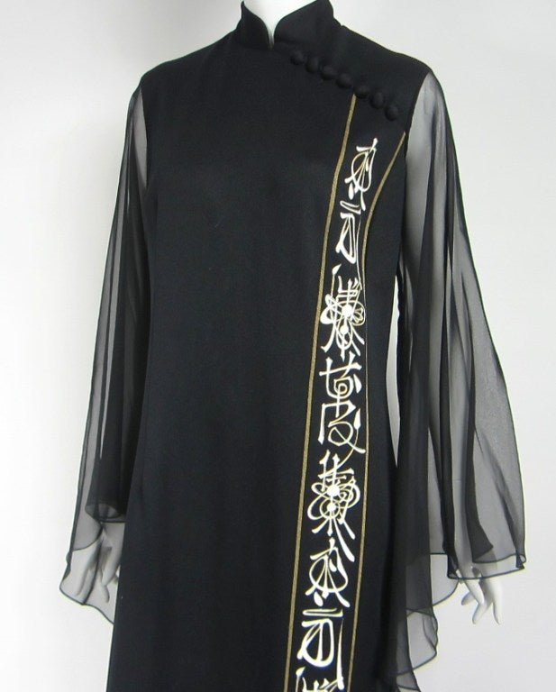 Alfred SHAHEEN MAXI Dress *Huge & Long ANGEL Sleeves *Hand Painted looking silk screening. buttons run diagonal down the front yoke. Mandarin  collar. Hook closure at the neck. Measurements as follows - BUST up to 40inches  up to WAIST 36inches - up