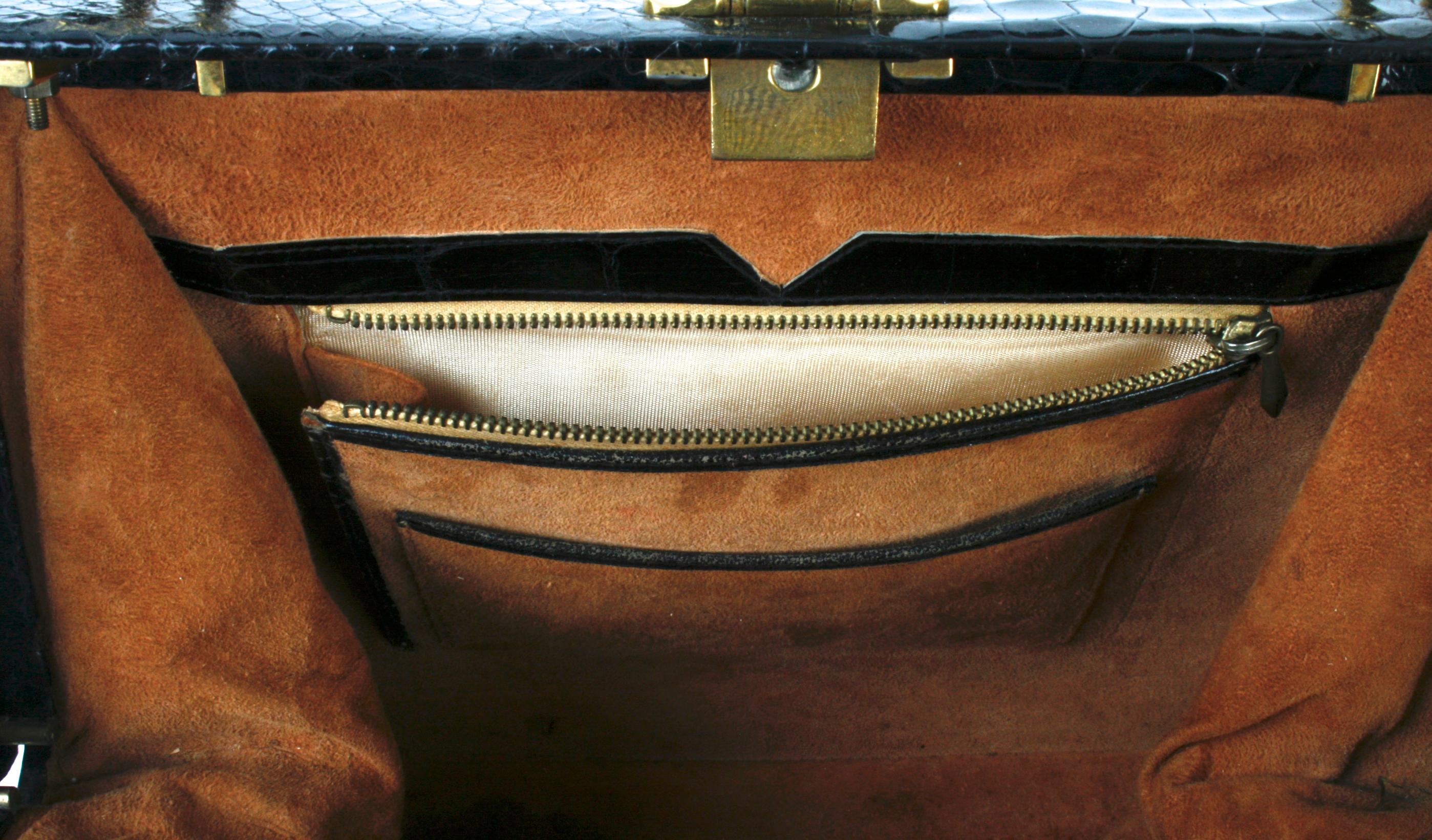 Women's Black Alligator Handbag with Gold Tone Link Hardware For Sale