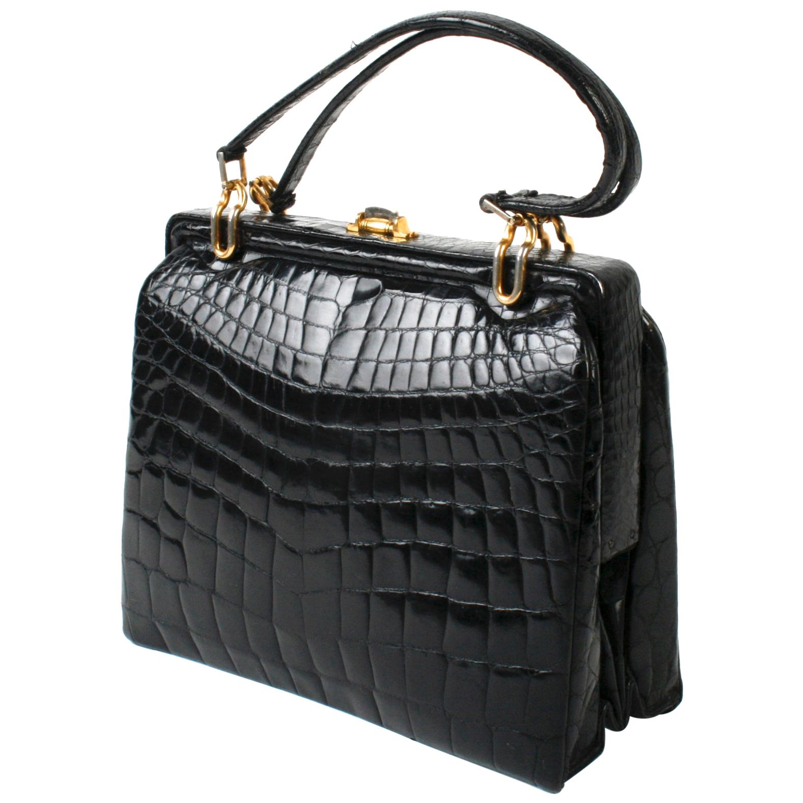Black Alligator Handbag with Gold Tone Link Hardware For Sale