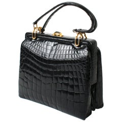 Vintage Black Alligator Handbag with Gold Tone Link Hardware