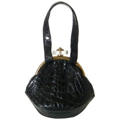 Vintage Black Alligator Handbag with Lucite Disk Clasp
