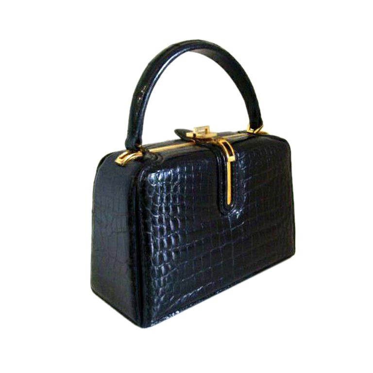 Black Alligator Structured Handbag For Sale