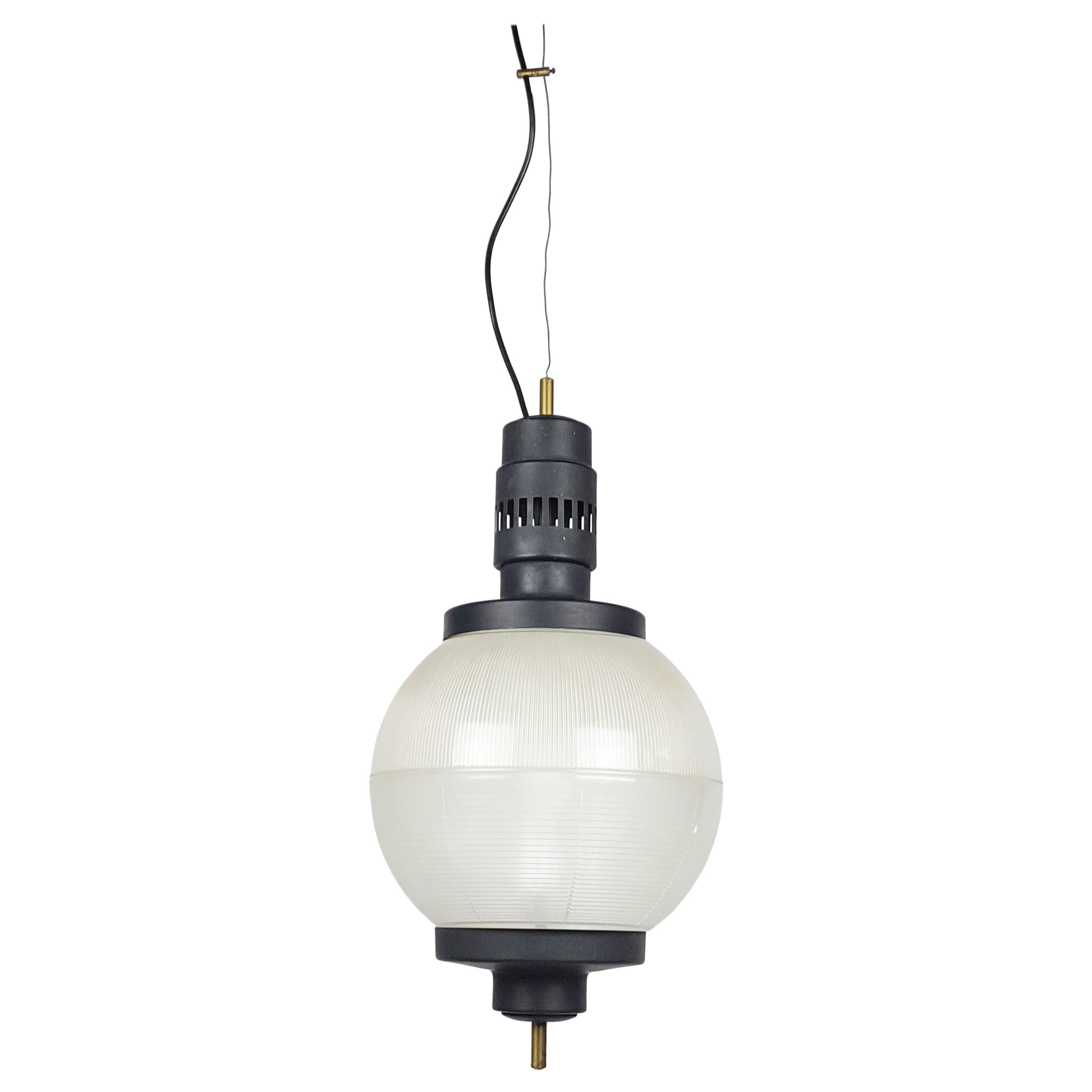 Lampada a sospensione Midcentury in alluminio nero, ottone e vetro stampato