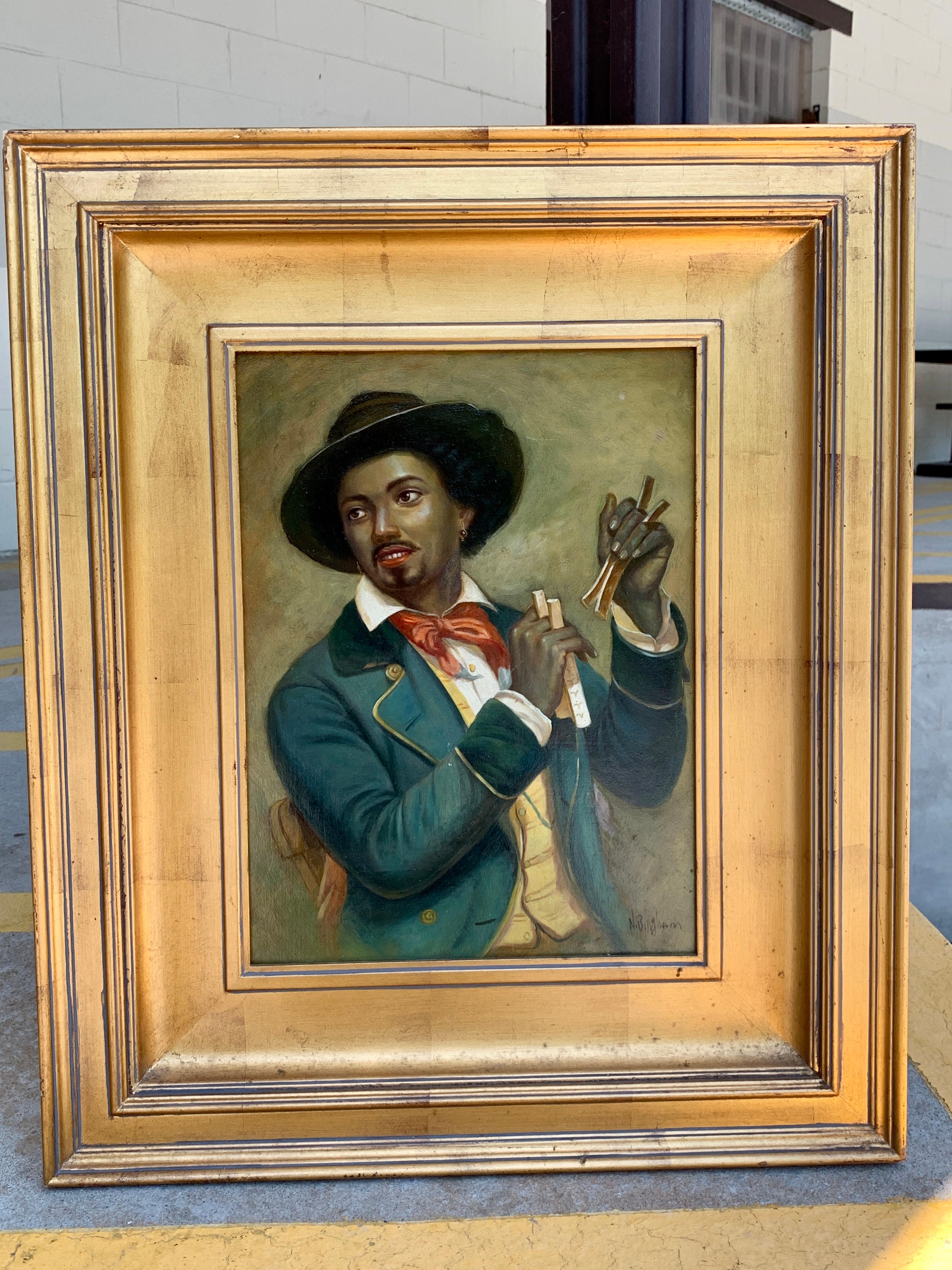 Black Americana portrait of a musician by N. Bingham
Signed lower right, N. Bingham
Realistically painted of a well dressed gentleman playing the claves
12