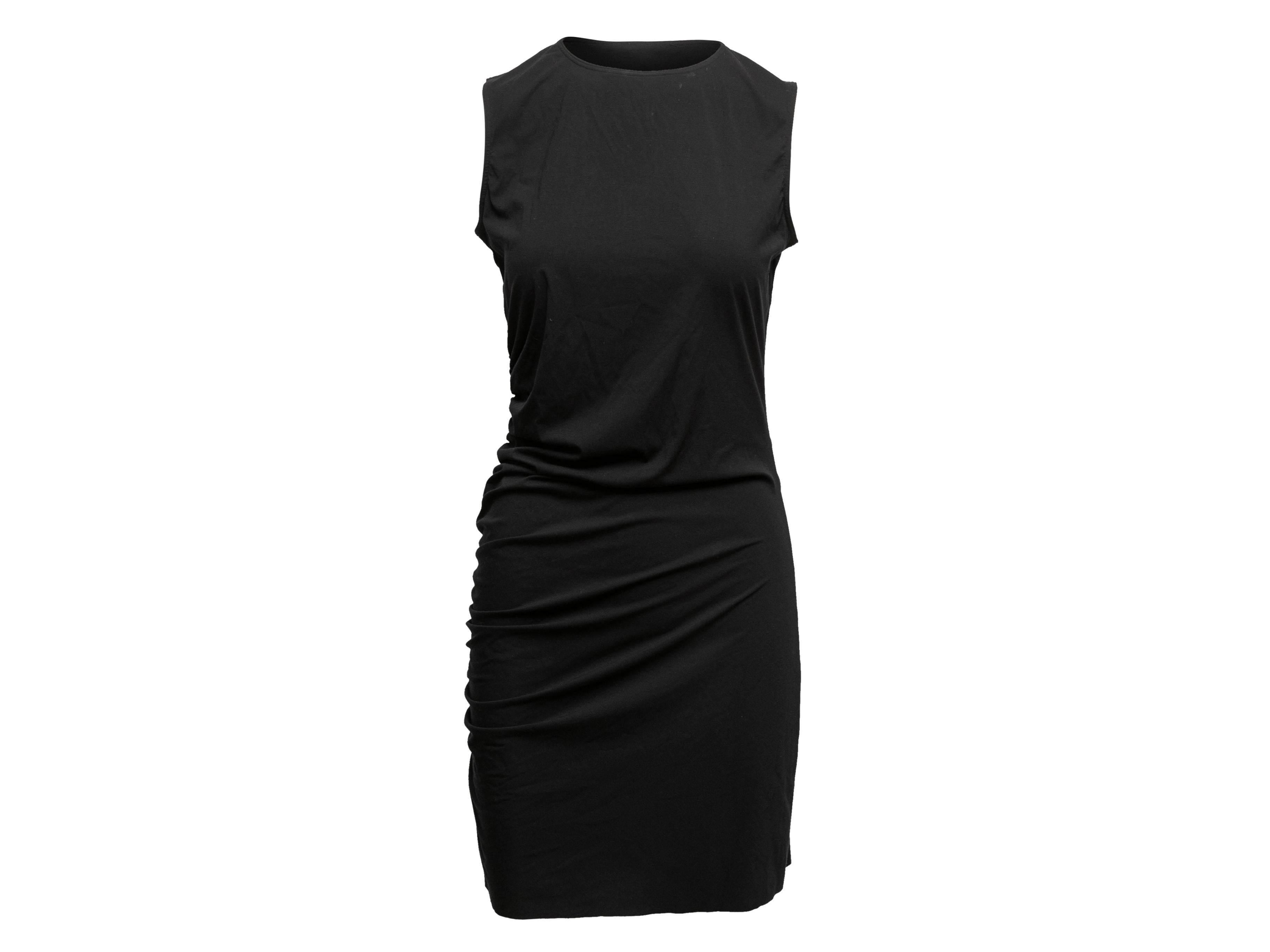 Black sleeveless bodycon dress by Amina Muaddi x Wolford. Crew neck. Ruching at sides. 36