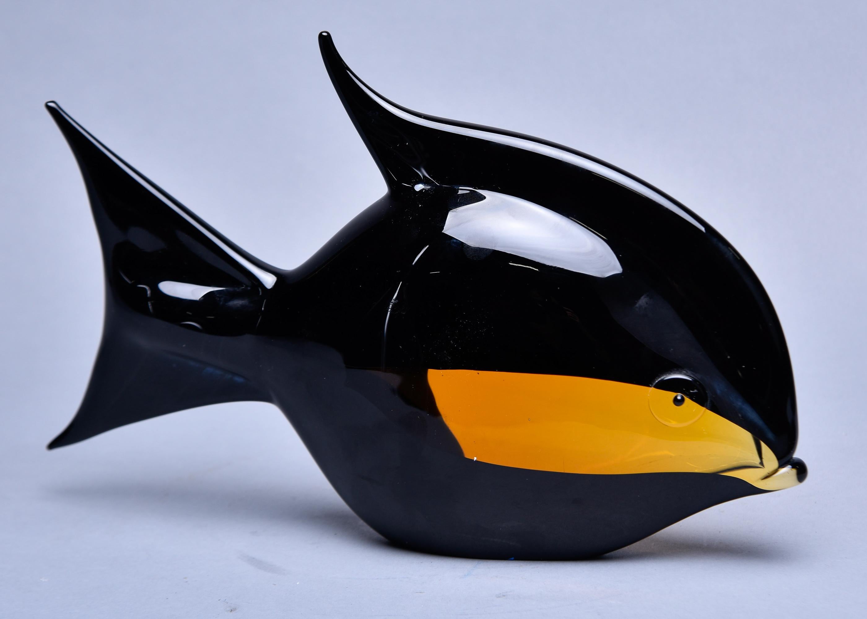 Mid-Century Modern Black and Amber Murano Glass Fish For Sale