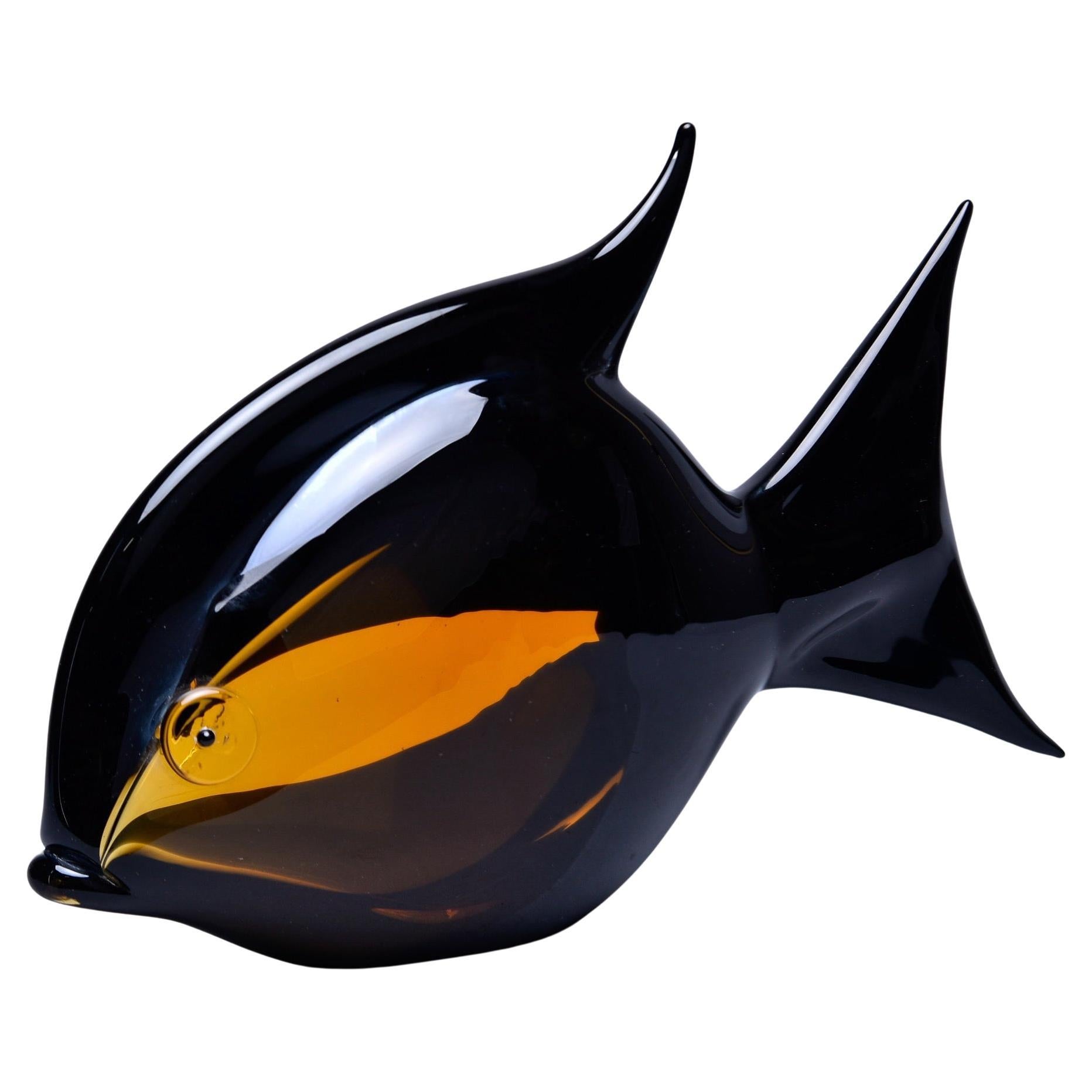 Black and Amber Murano Glass Fish For Sale
