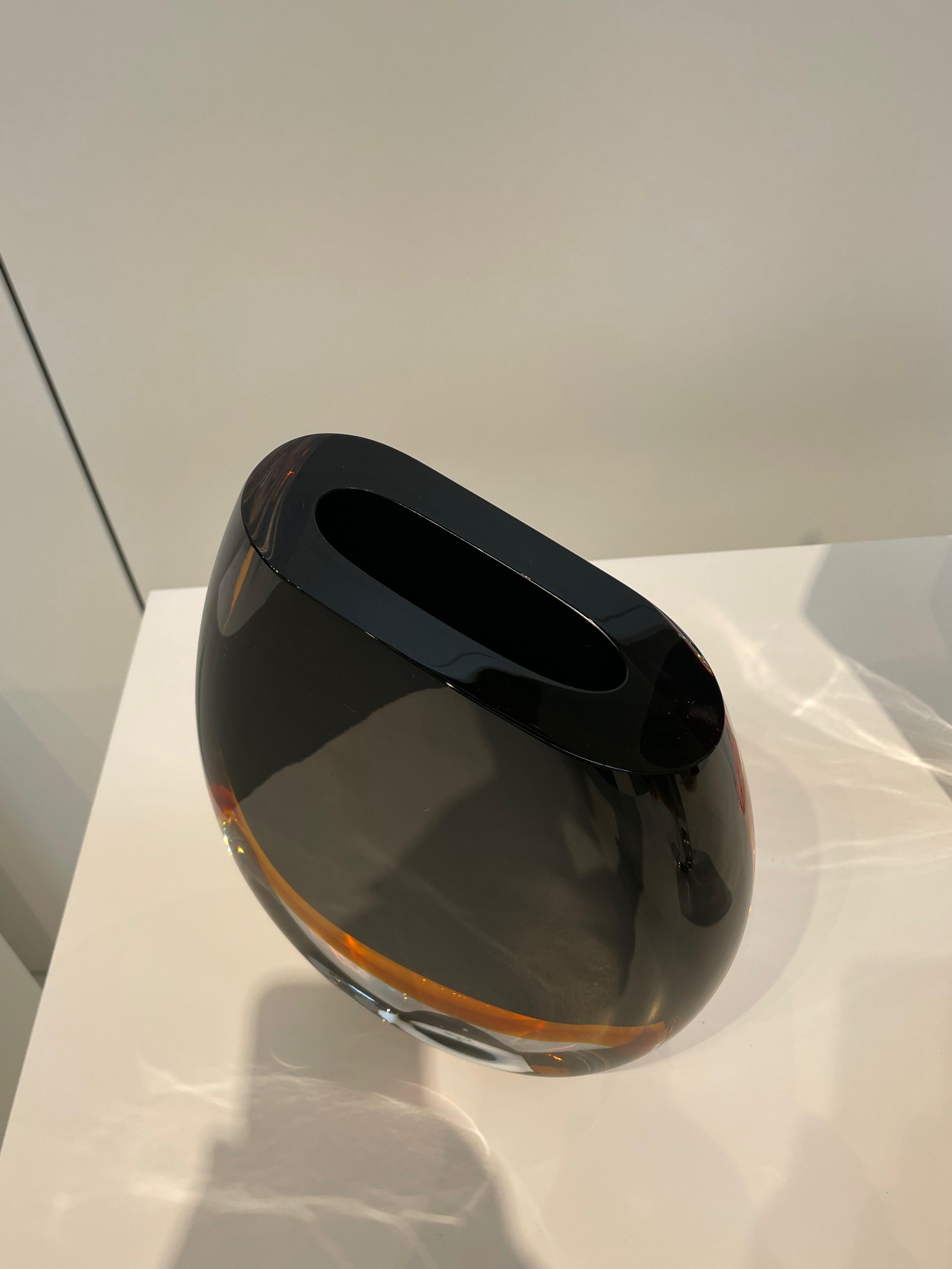 Brazilian Black And Amber Thick Glass Rounded Base Vase, Brazil, Contemporary For Sale