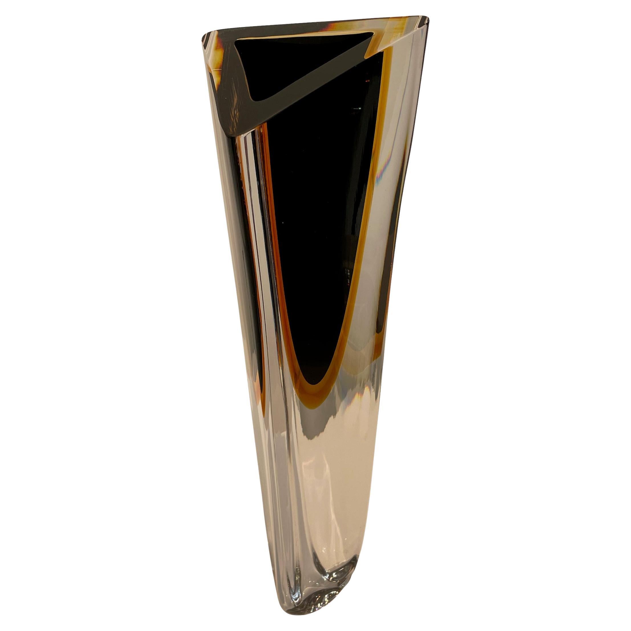 Black And Amber Thick Glass Tall Vase, Brazil, Contemporary For Sale