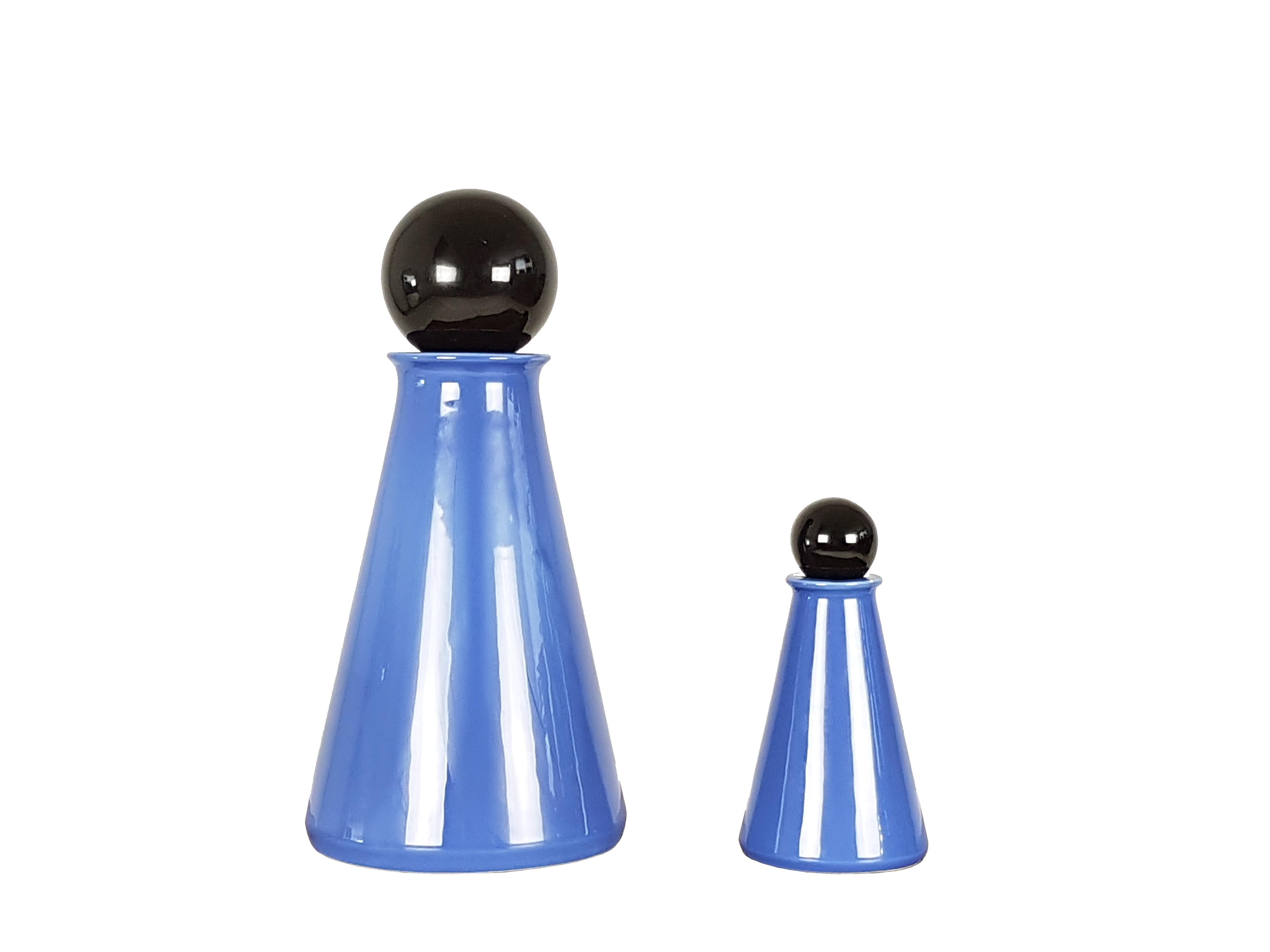 Italian Black and Azure Ceramic 1980s Decorative Bottles by L. Boscolo for Forma & Luce For Sale