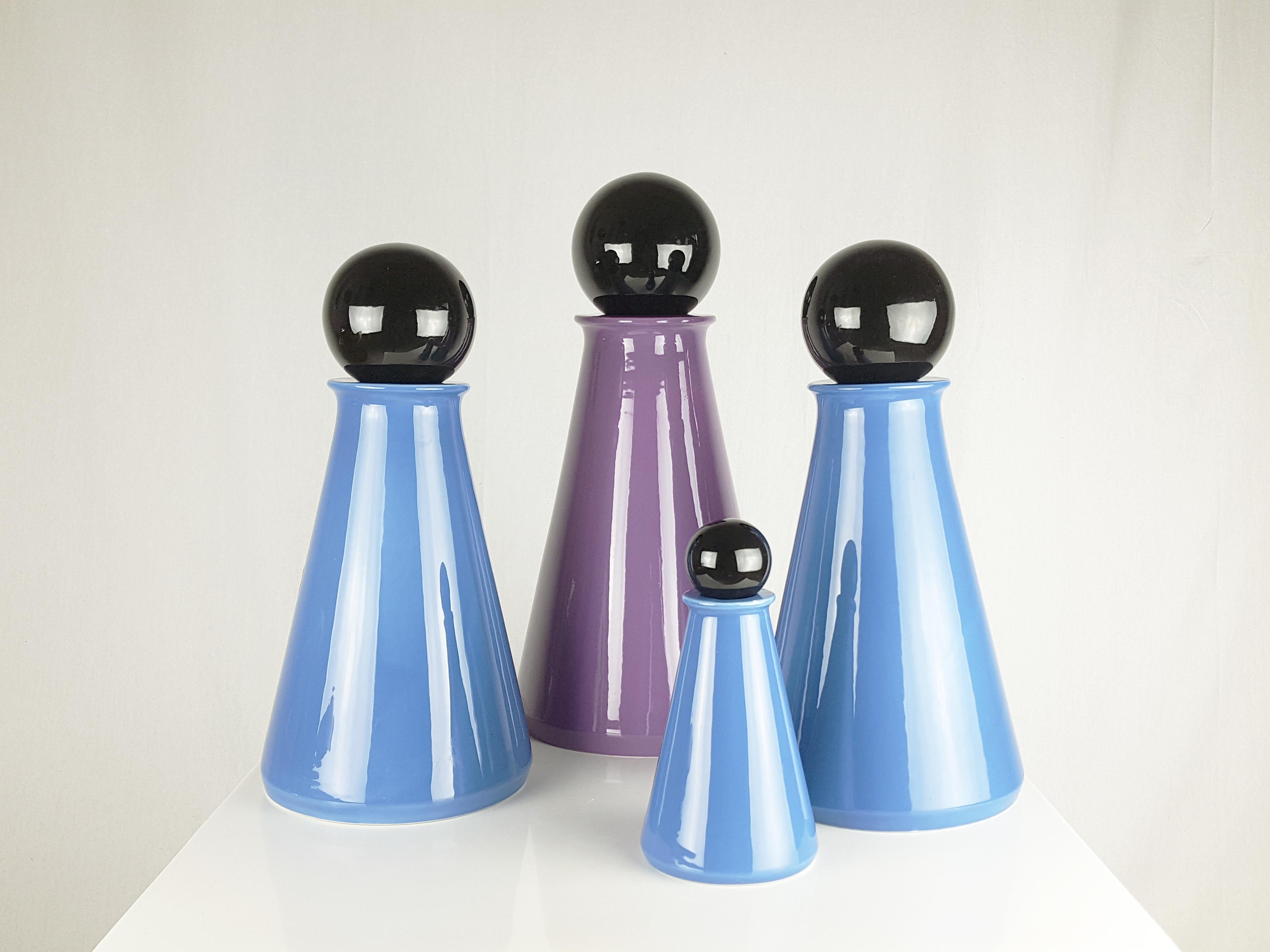 Glazed Black and Azure Ceramic 1980s Decorative Bottles by L. Boscolo for Forma & Luce For Sale