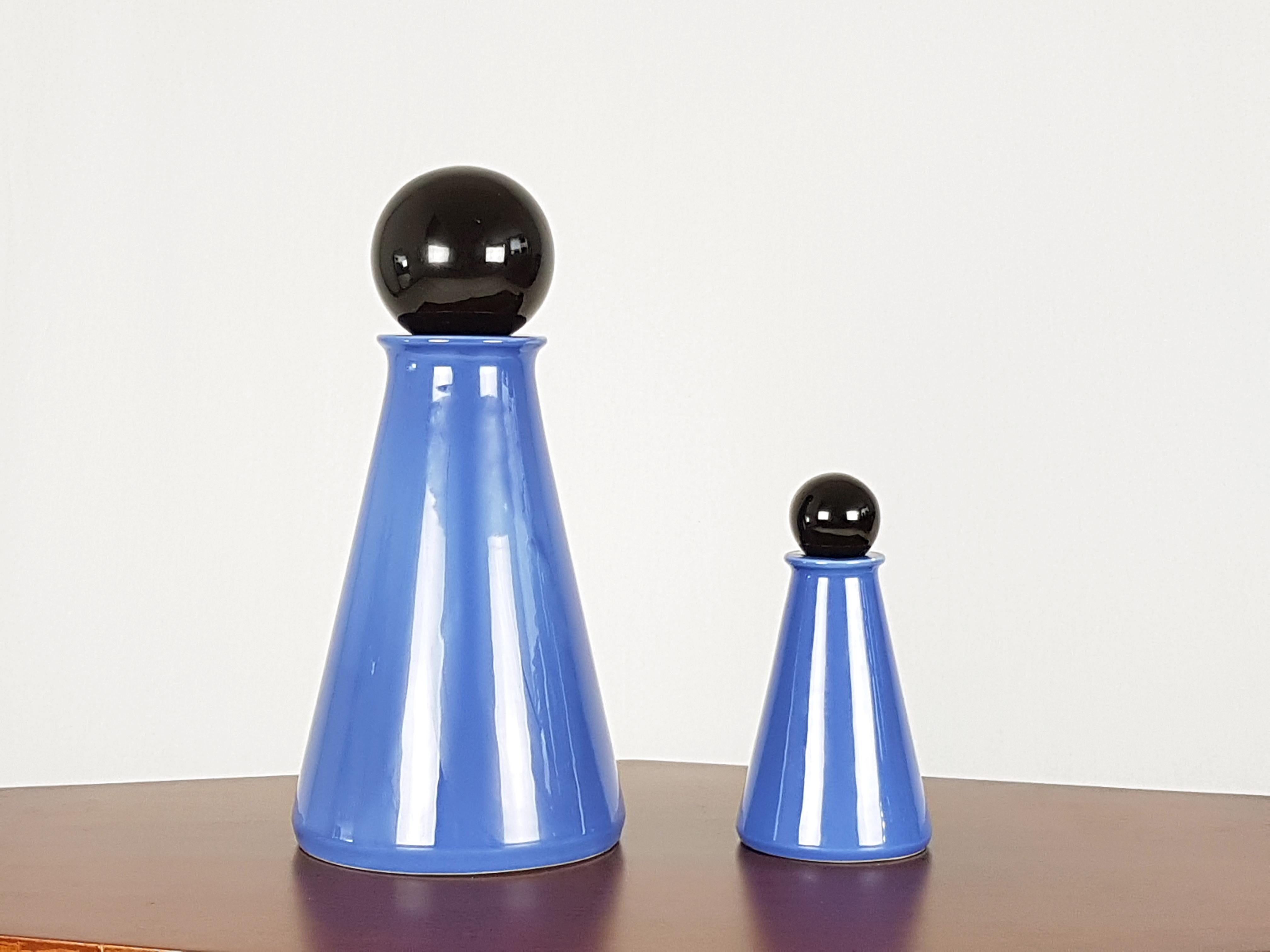 Late 20th Century Black and Azure Ceramic 1980s Decorative Bottles by L. Boscolo for Forma & Luce For Sale