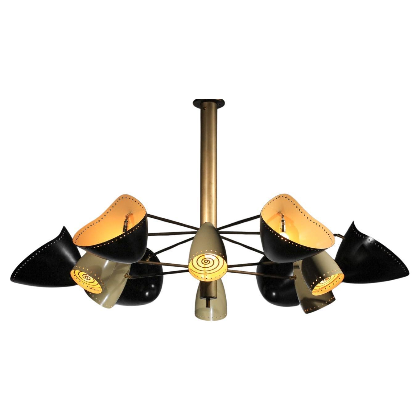 Black and beige 60's style modern chandelier in brass and lacquered metal