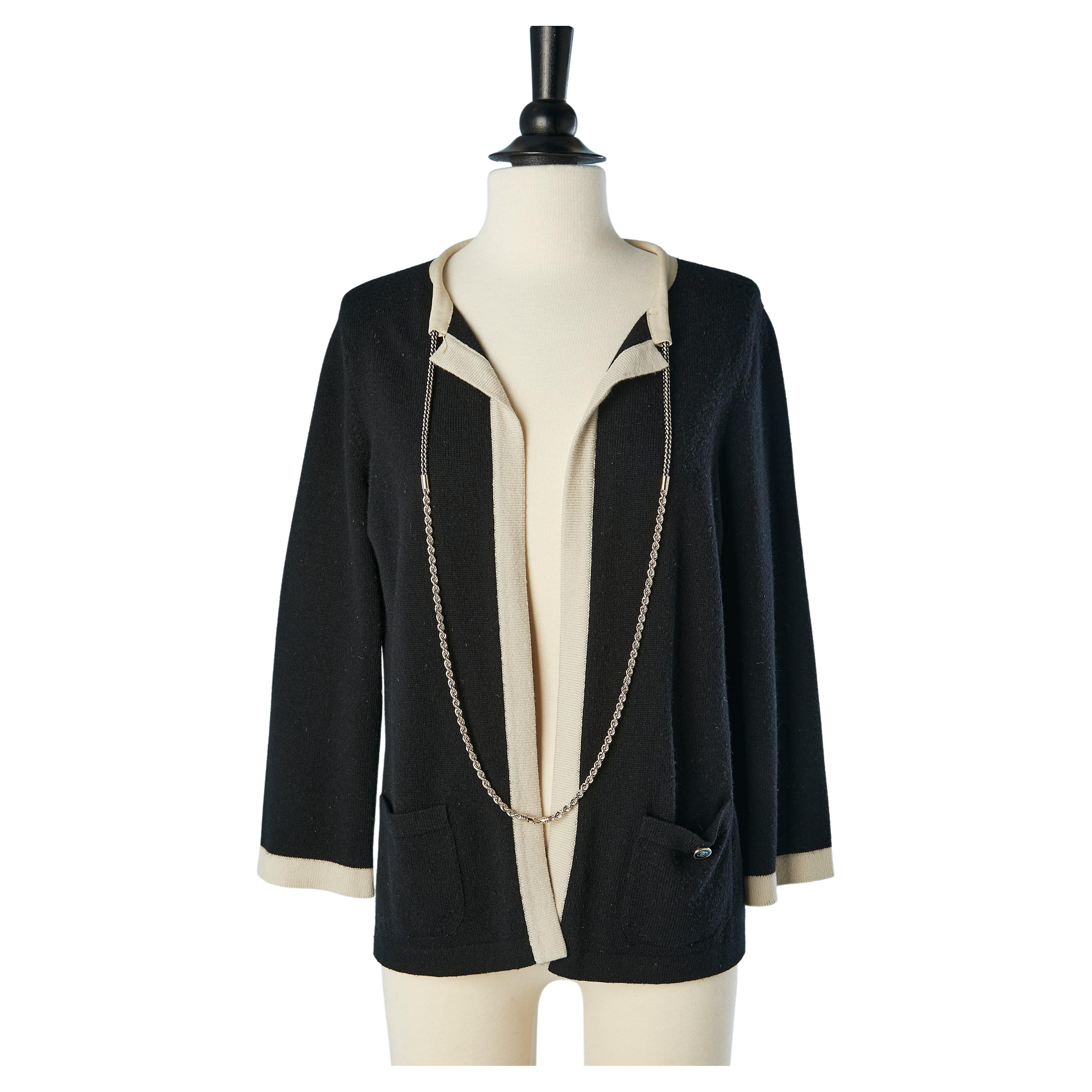 Black and beige cashmere cardigan with chain-neckless  Chanel 