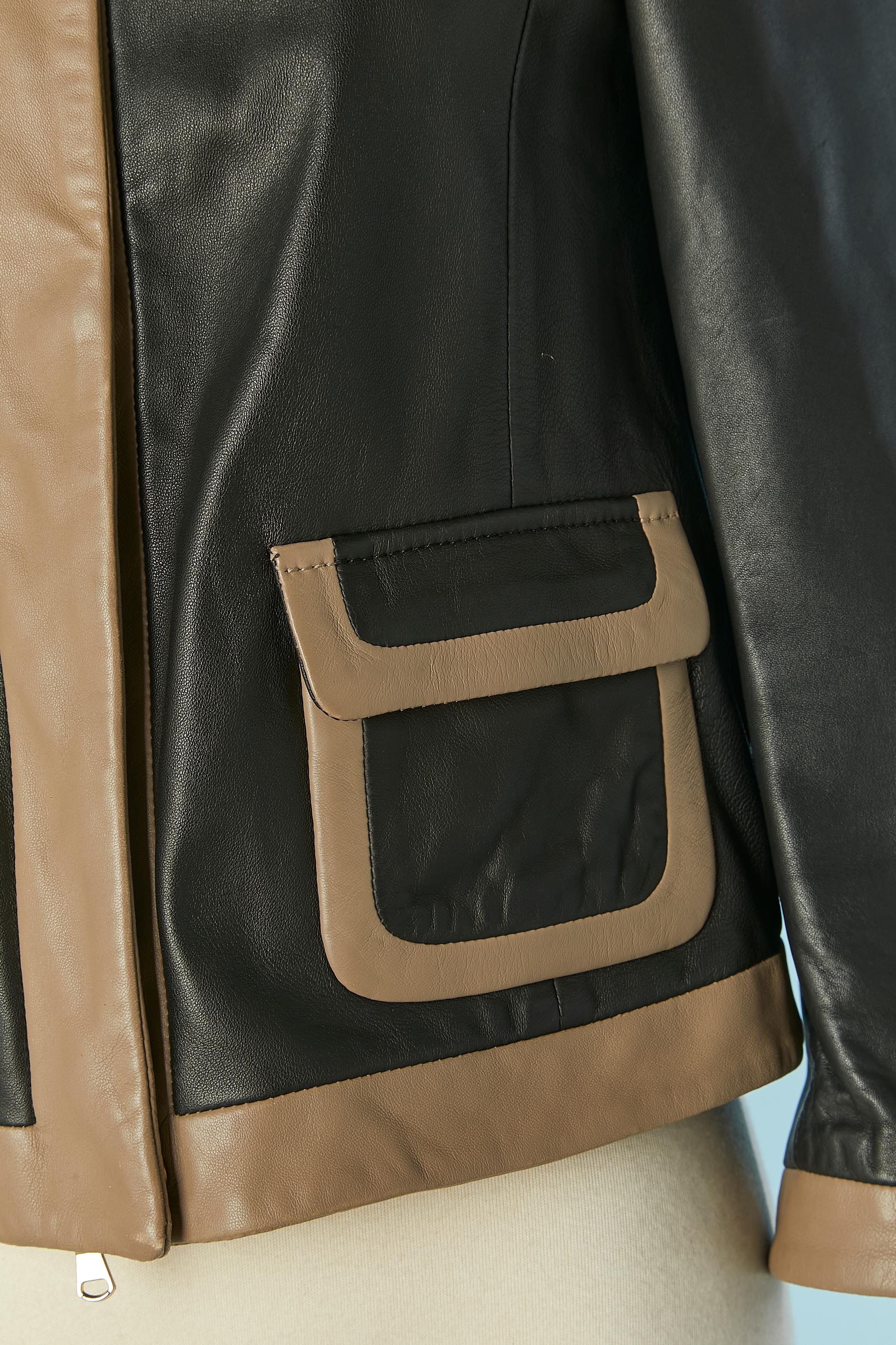 Black and beige lambskin leather jacket with pocket and bow REDValentino In Excellent Condition For Sale In Saint-Ouen-Sur-Seine, FR
