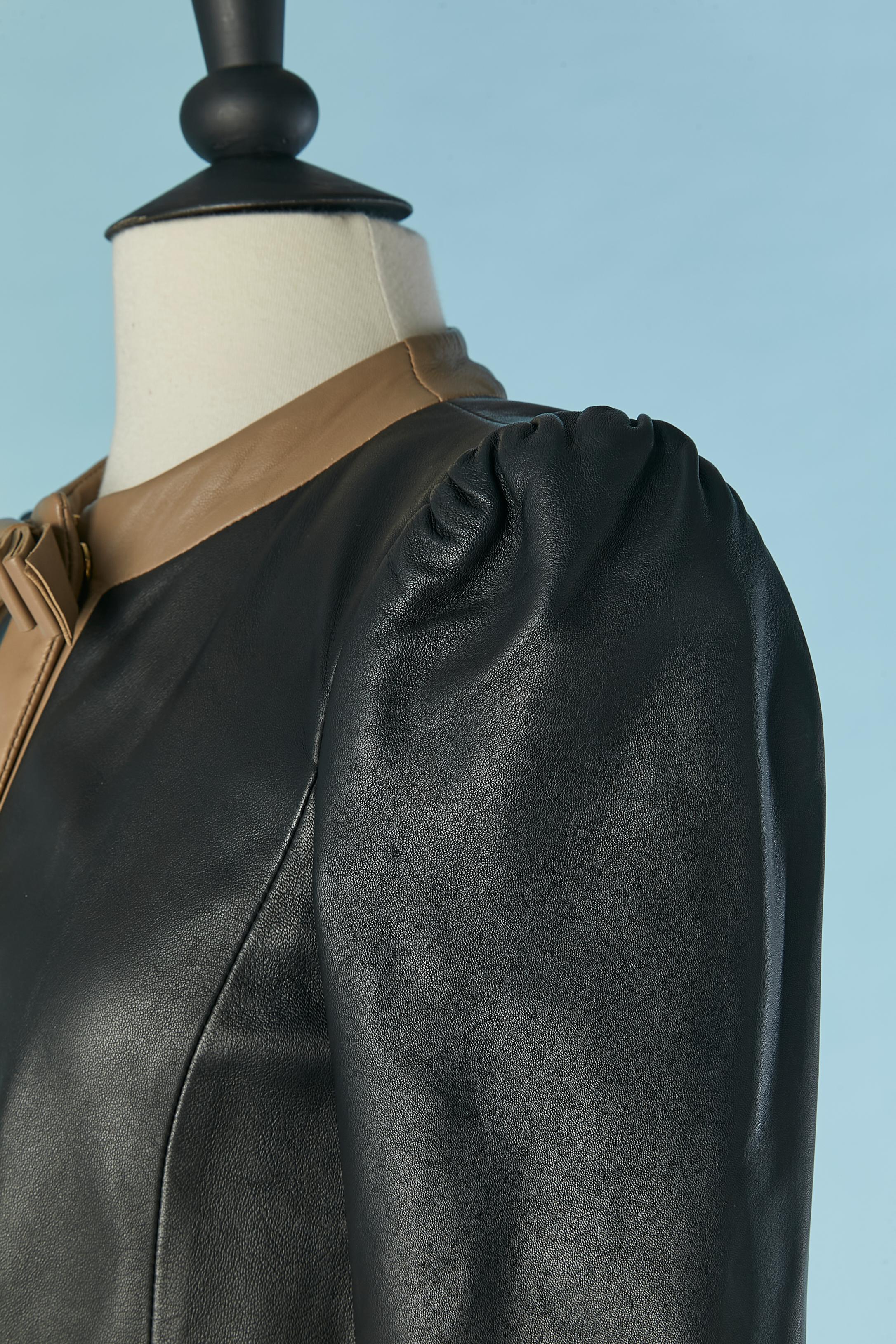 Women's Black and beige lambskin leather jacket with pocket and bow REDValentino For Sale