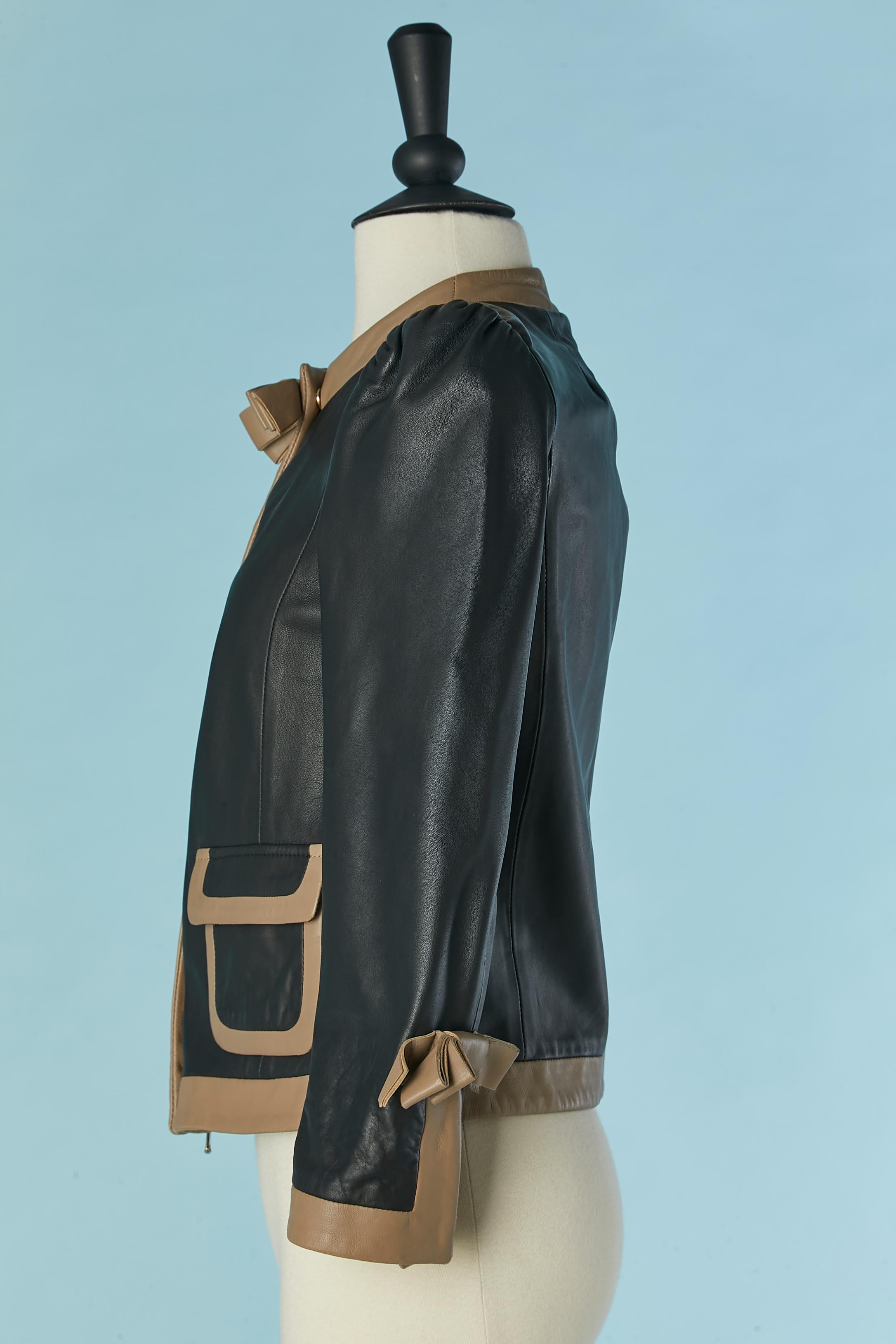 Black and beige lambskin leather jacket with pocket and bow REDValentino For Sale 1