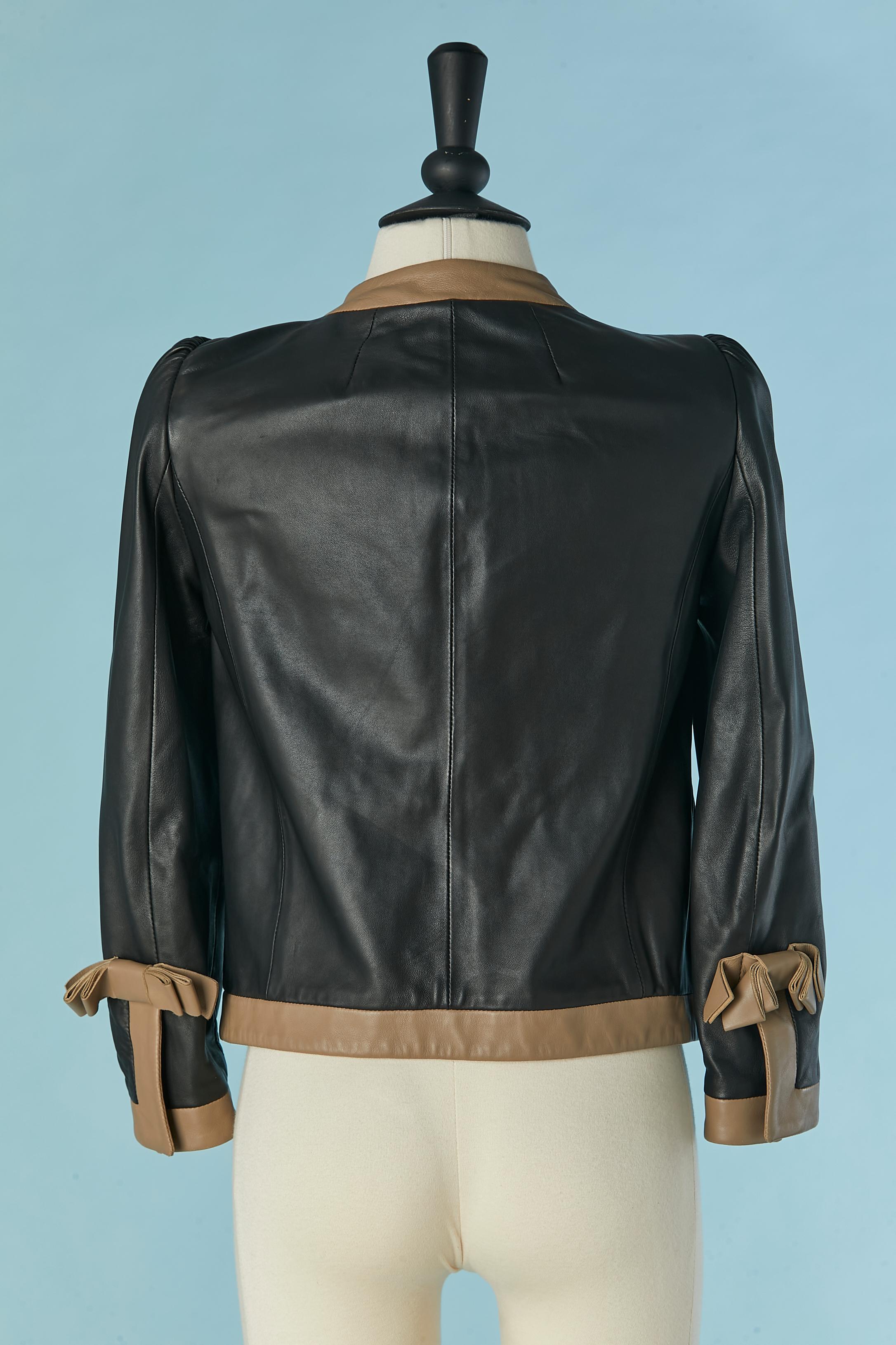 Black and beige lambskin leather jacket with pocket and bow REDValentino For Sale 2
