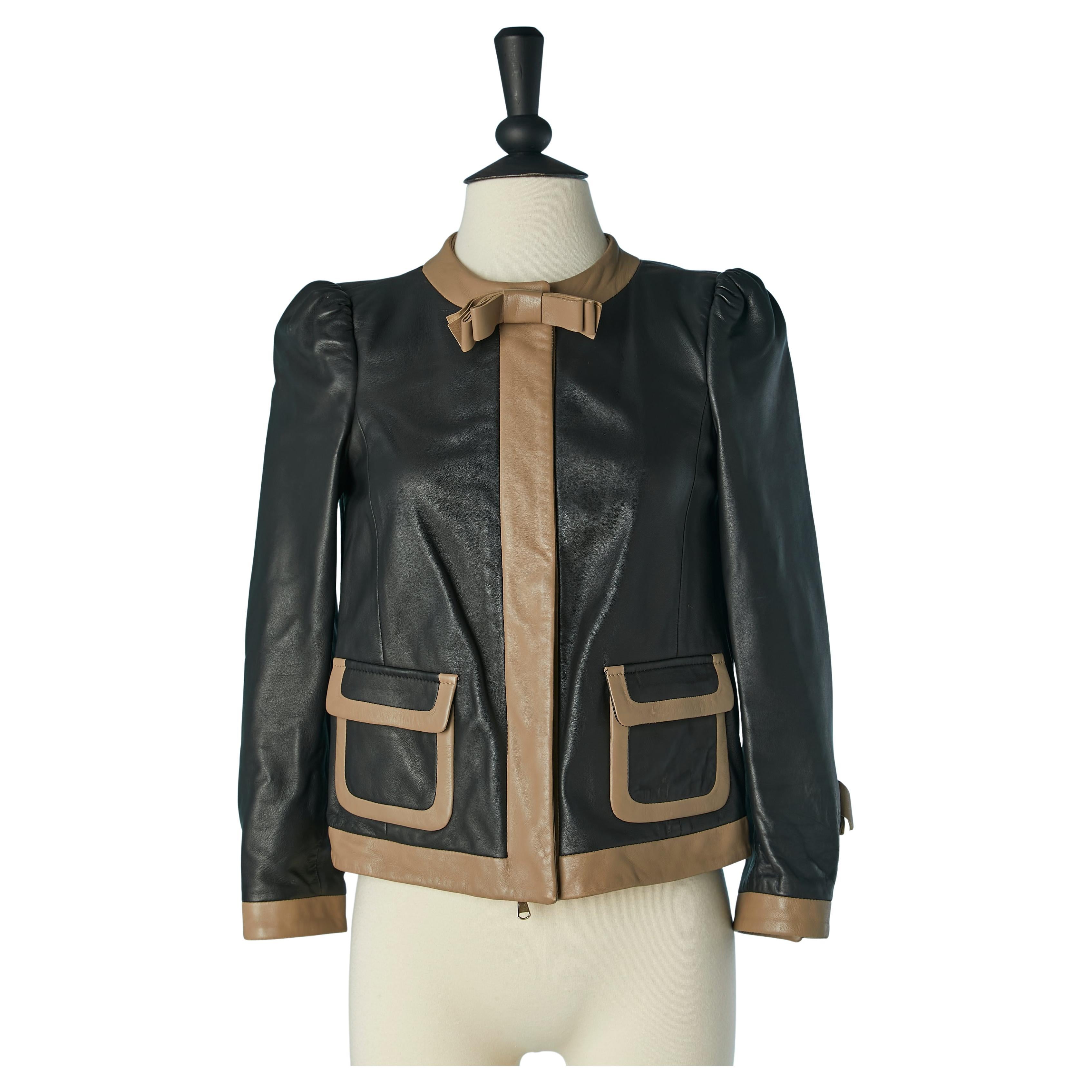 Black and beige lambskin leather jacket with pocket and bow REDValentino For Sale