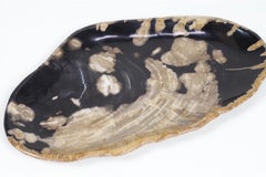 Black and Beige Oval Shaped Petrified Wooden Platter or Plate Organic Origin