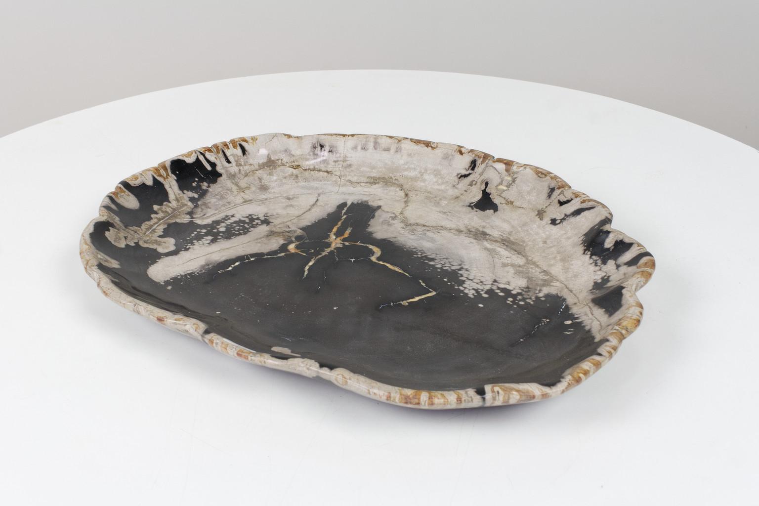 Indonesian Black and Beige Petrified Wooden Platter, Organic, Home Accessory For Sale
