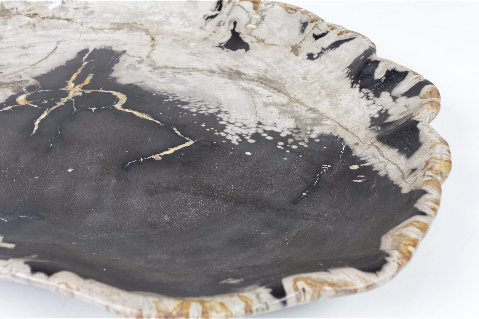 Stone Black and Beige Petrified Wooden Platter, Organic, Home Accessory For Sale