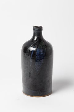 Black and blue 20th century design ceramic vase or bottle signed circa 1970