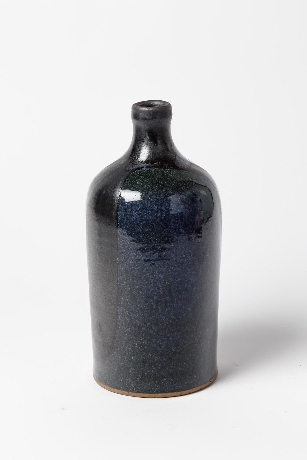 Mid-Century Modern Black and blue 20th century design ceramic vase or bottle signed circa 1970 For Sale