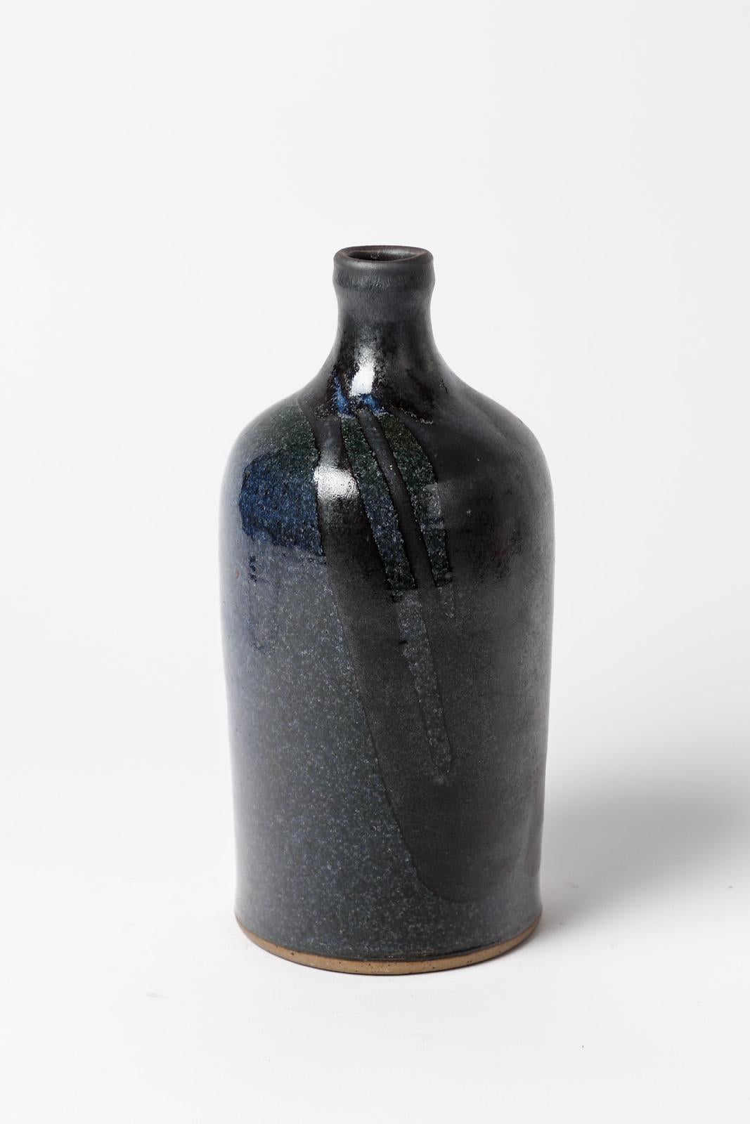 French Black and blue 20th century design ceramic vase or bottle signed circa 1970 For Sale