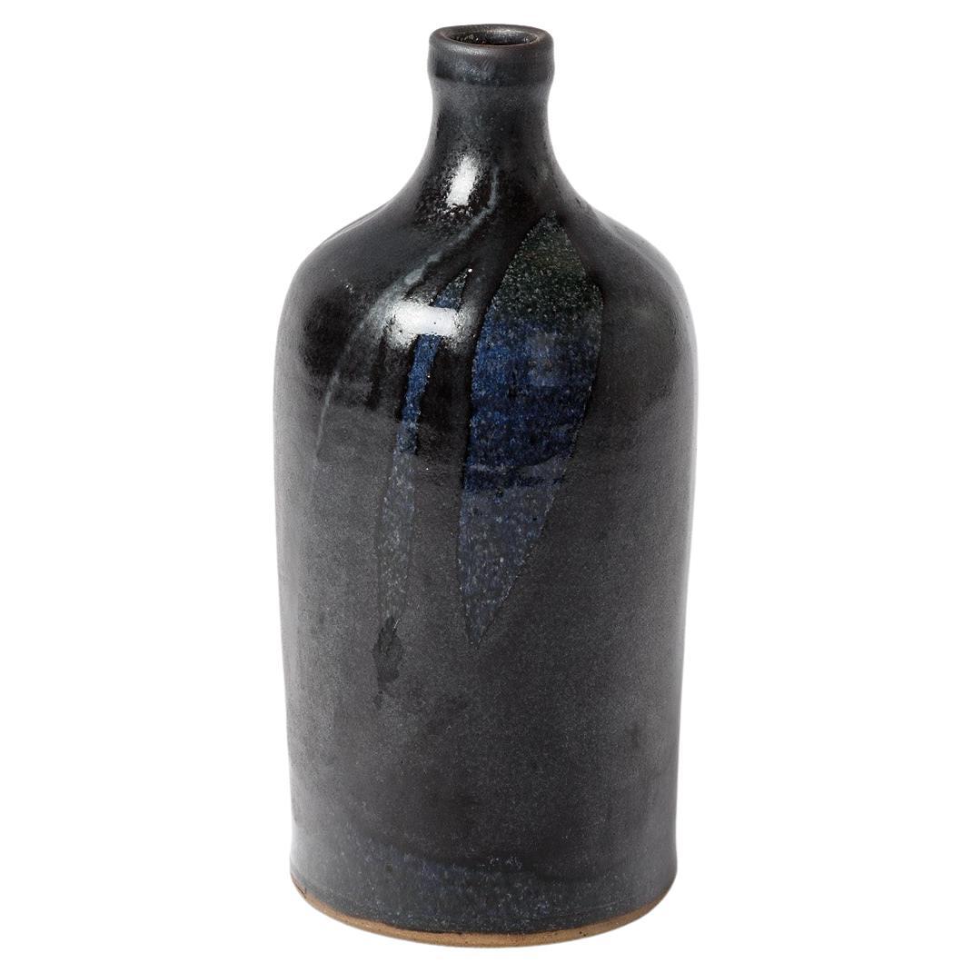 Black and blue 20th century design ceramic vase or bottle signed circa 1970 For Sale