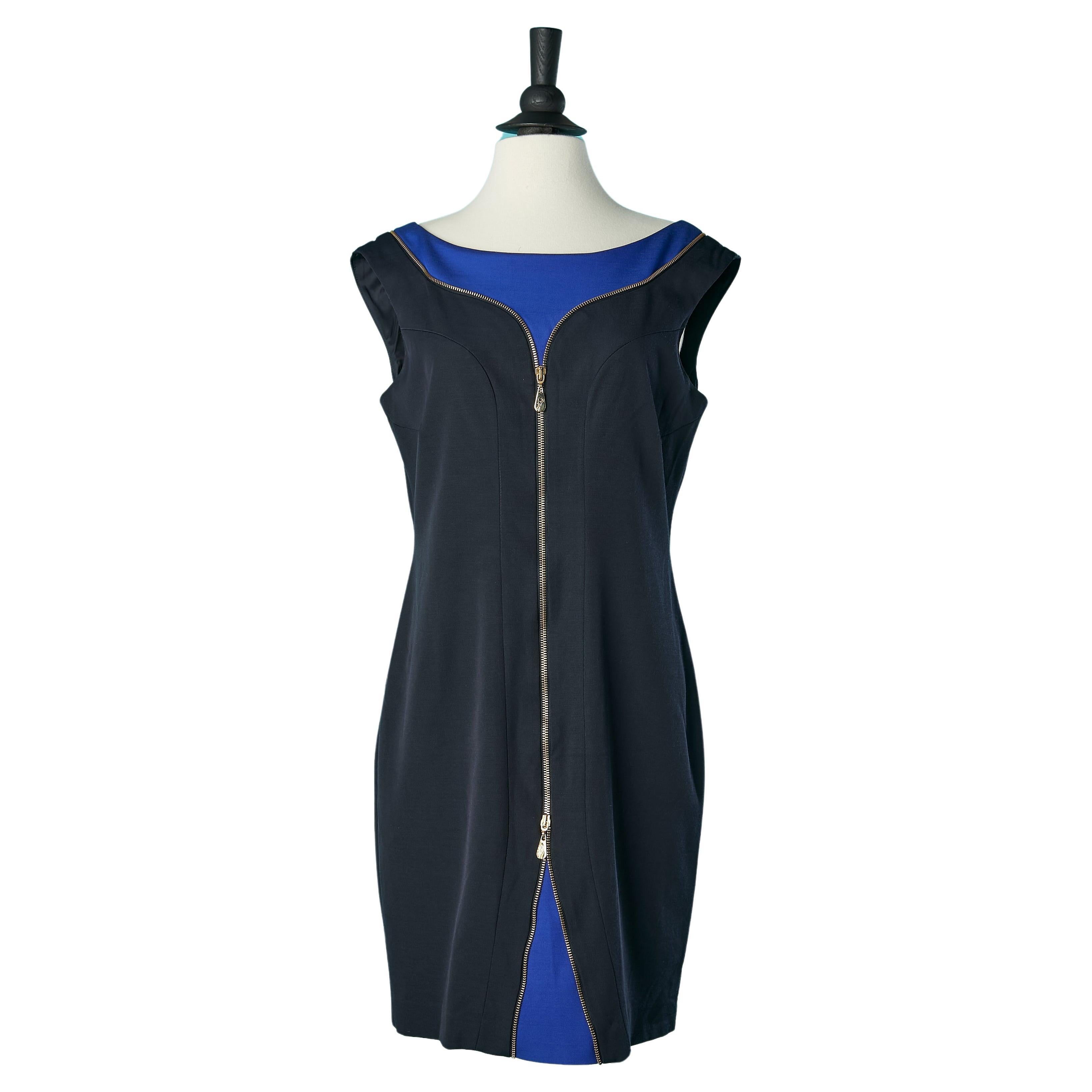 Black and blue cocktail dress with gold metal zip Versace Collection  For Sale