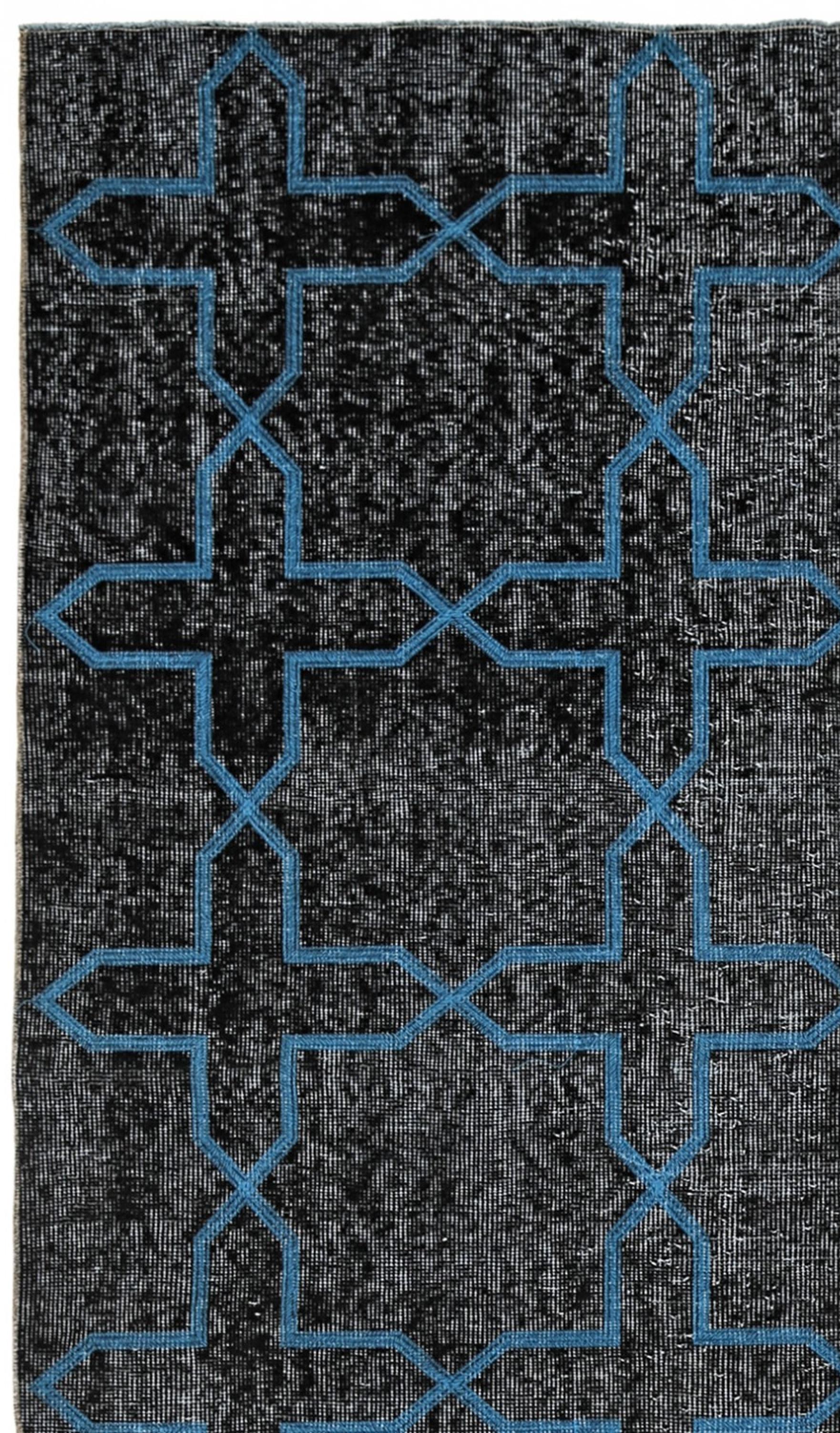 Hand-Knotted Black and Blue Handmade Vintage Turkish Anatolian Overdyed Distressed Rug For Sale