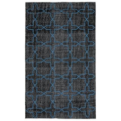 Black and Blue Handmade Vintage Turkish Anatolian Overdyed Distressed Rug