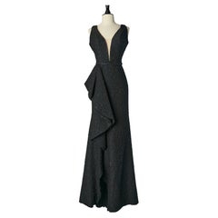 Lurex noir et bleu  Robe de soirée en jacquard avec tulle inséré et volants