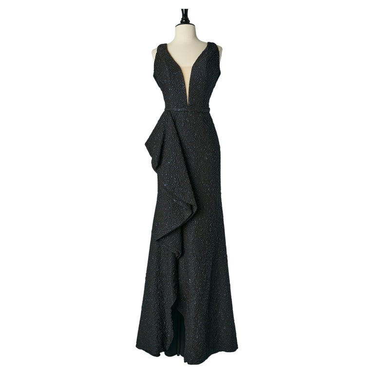 Black and blue lurex jacquard evening dress with tulle inset and ruffle For  Sale at 1stDibs