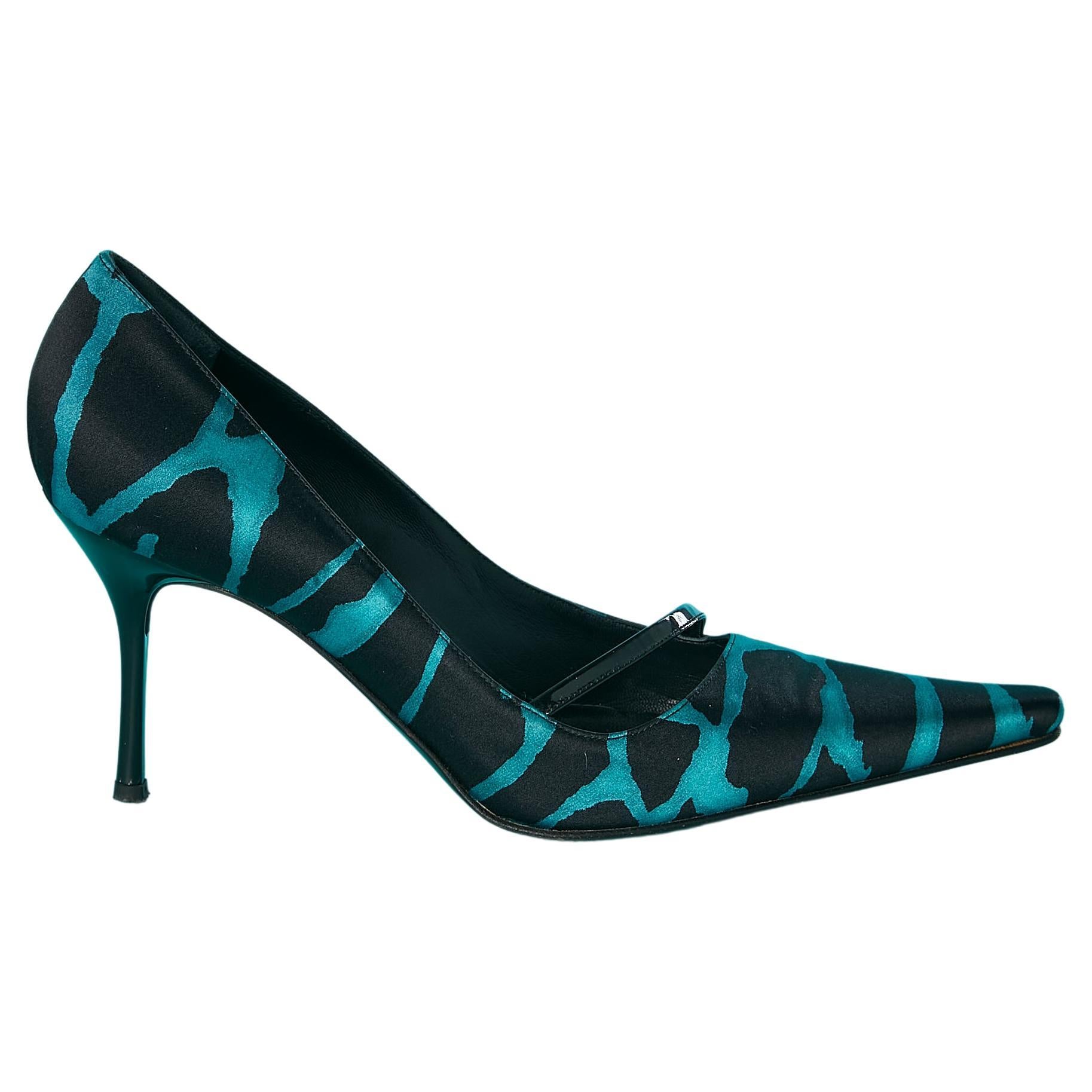 Black and blue zebra fabric pump with black patent leather strap Roberto Cavalli For Sale