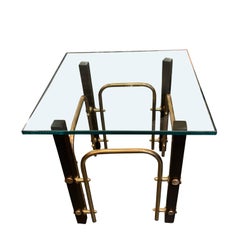 Black and Brass Square Glass Top Pair of Coffee Tables, France, Midcentury