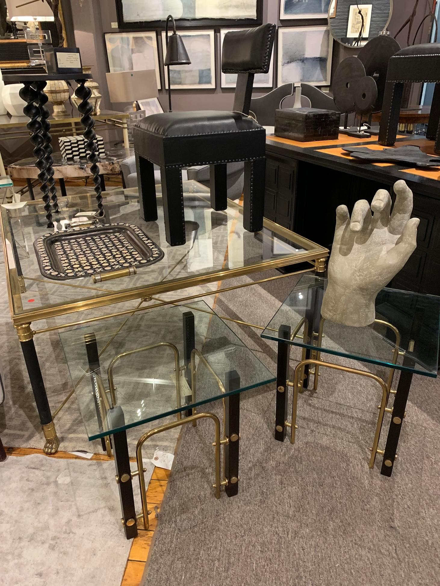 Black and Brass Square Glass Top Pair of Coffee Tables, France, Midcentury In Good Condition In New York, NY