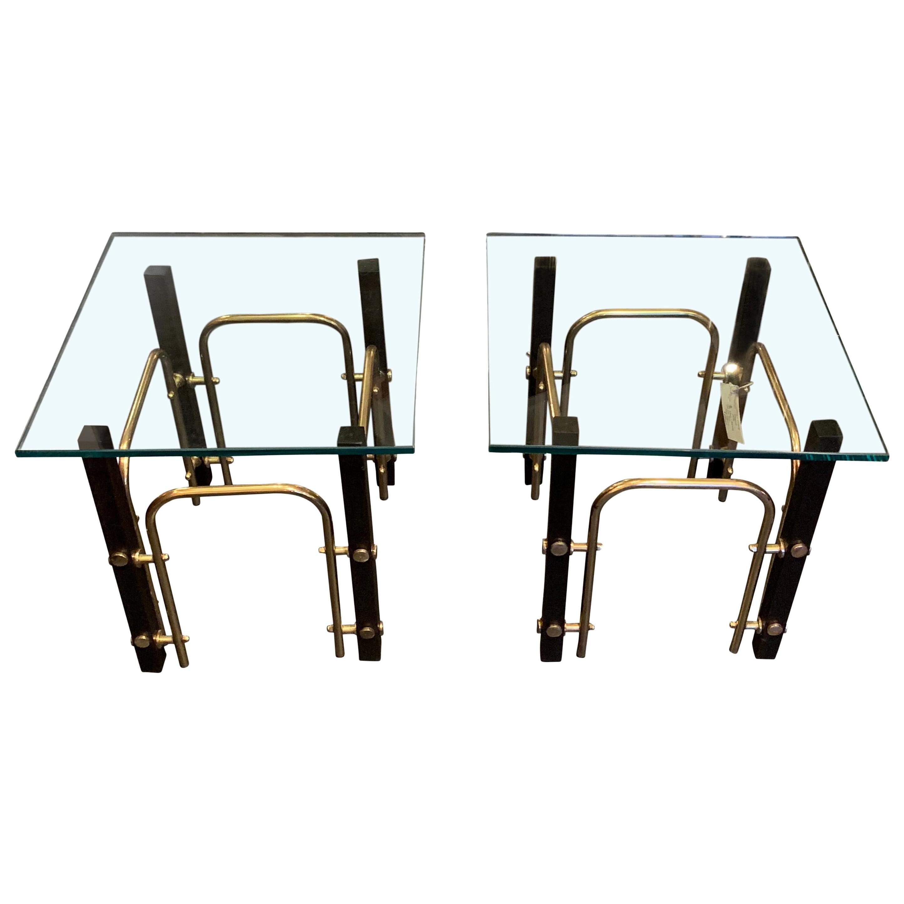 Black and Brass Square Glass Top Pair of Coffee Tables, France, Midcentury