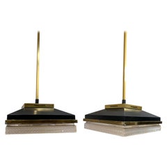 Black and Brass Square Pair of Pendant Lights, France, Midcentury
