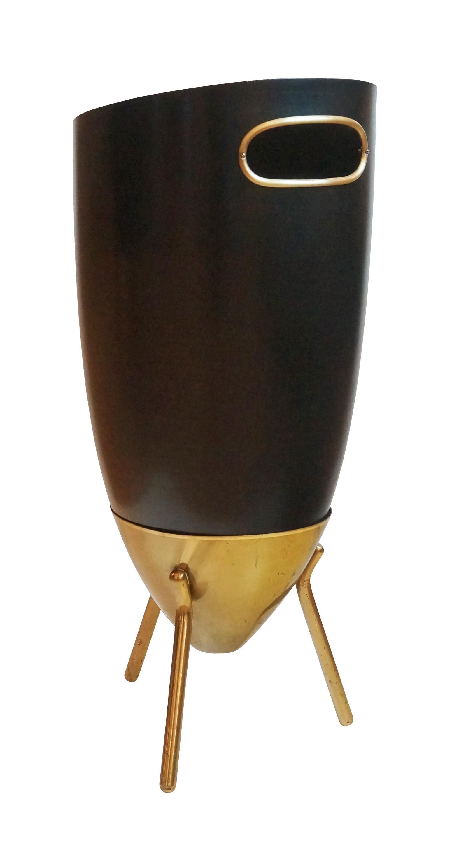 Mid-Century Modern Black and Brass Umbrella Stand For Sale